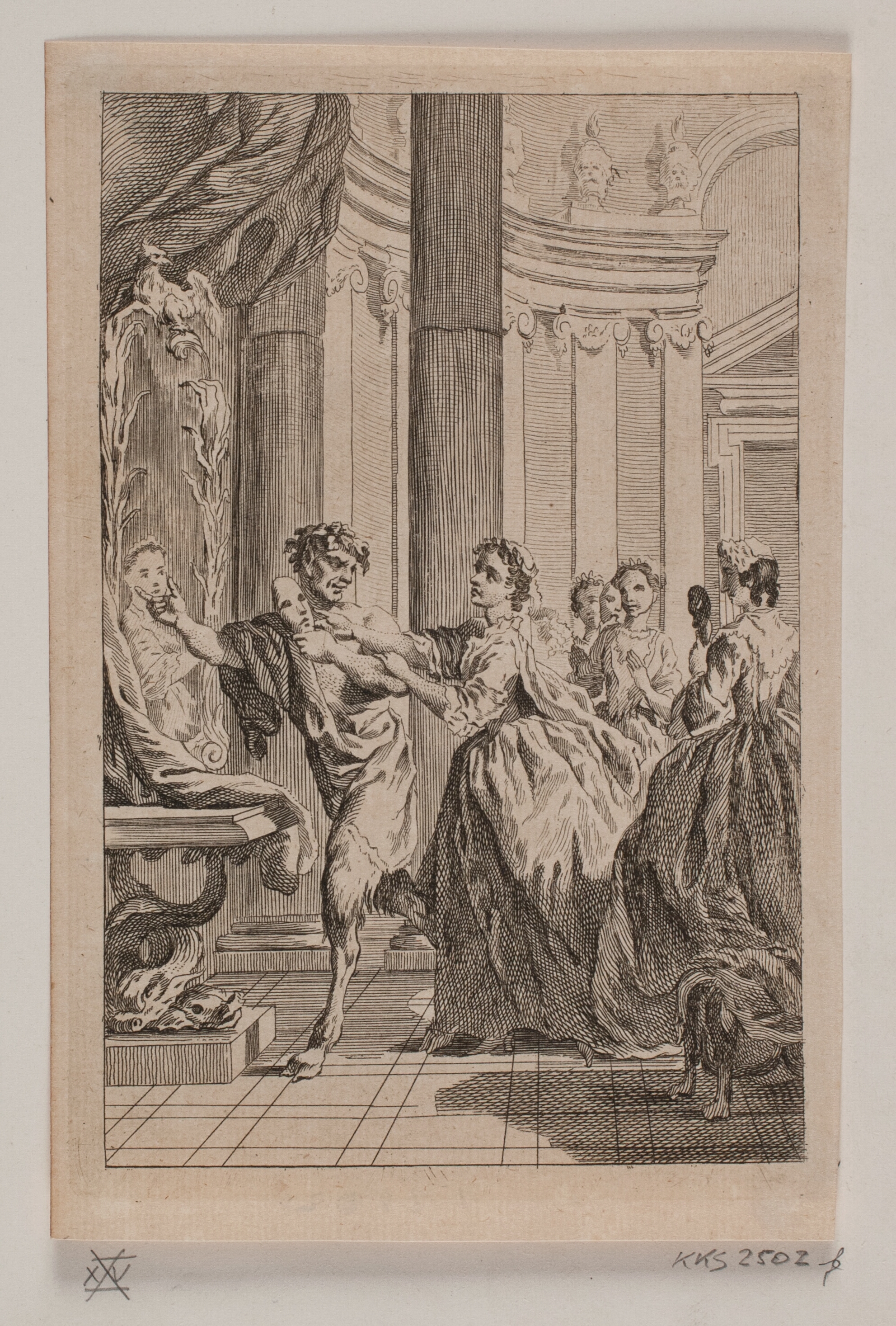 Faun med en håndmaske, der forfølges af en kvinde