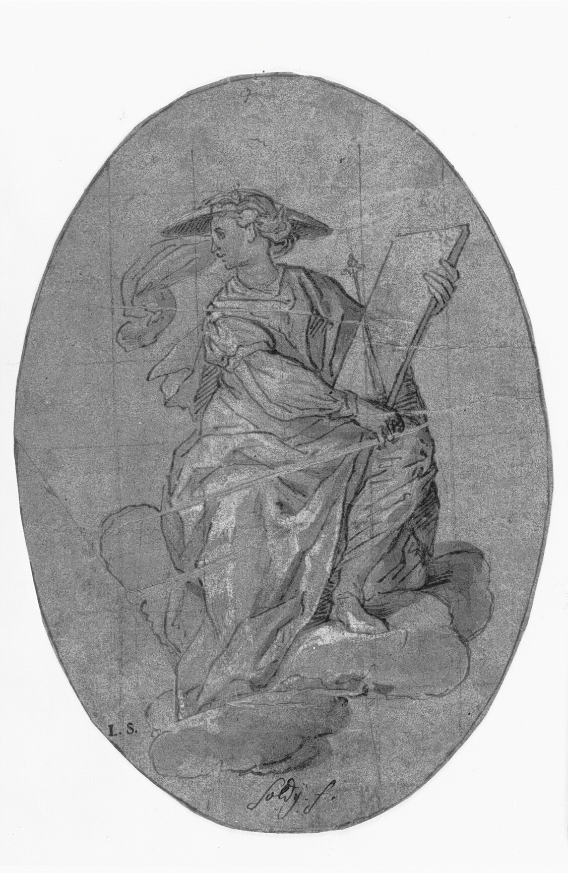 Kvinde hat og med scepter og tavle siddende på en sky