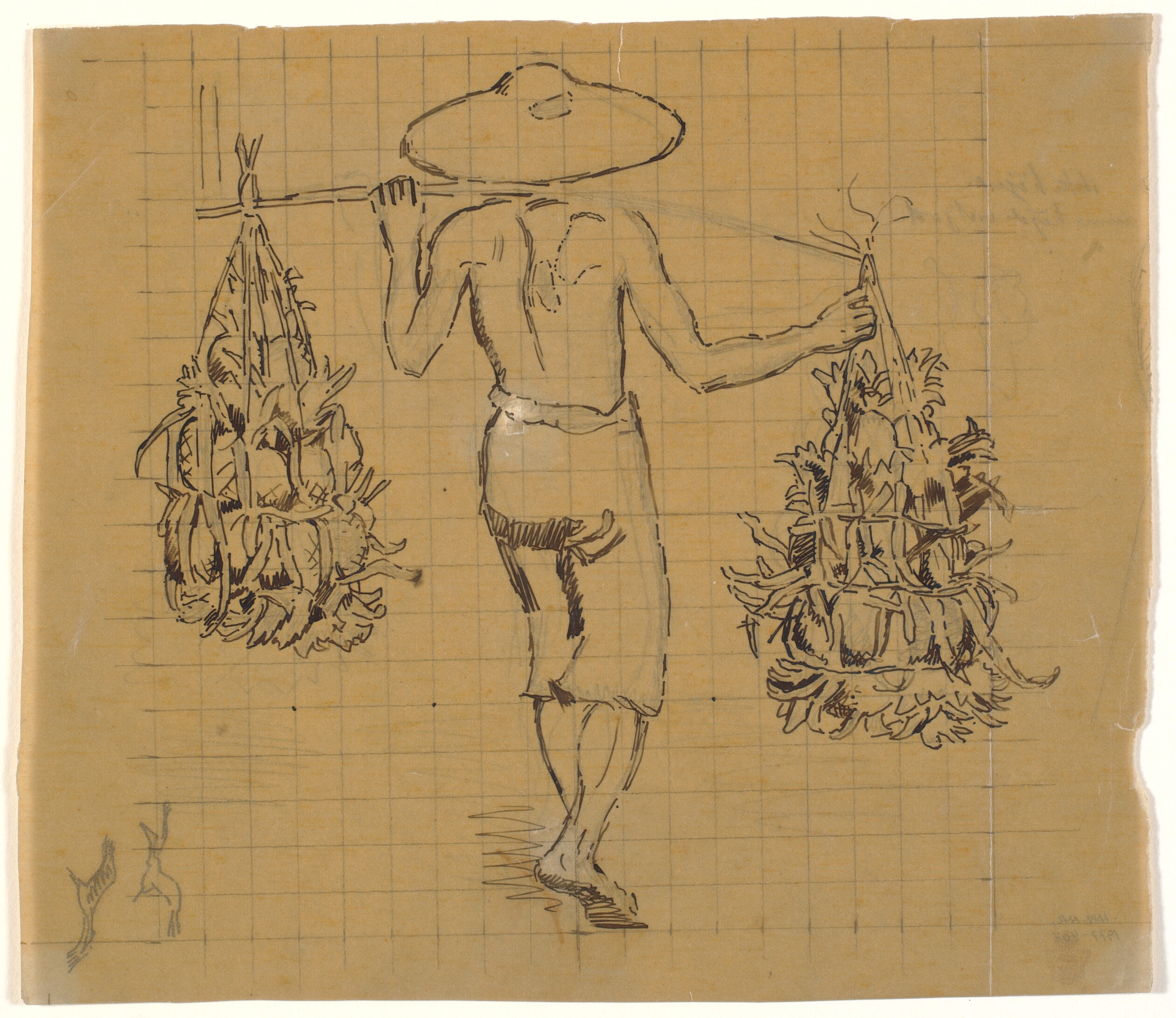 Gående javanesisk kuli med to byrder på et åg, set bagfra