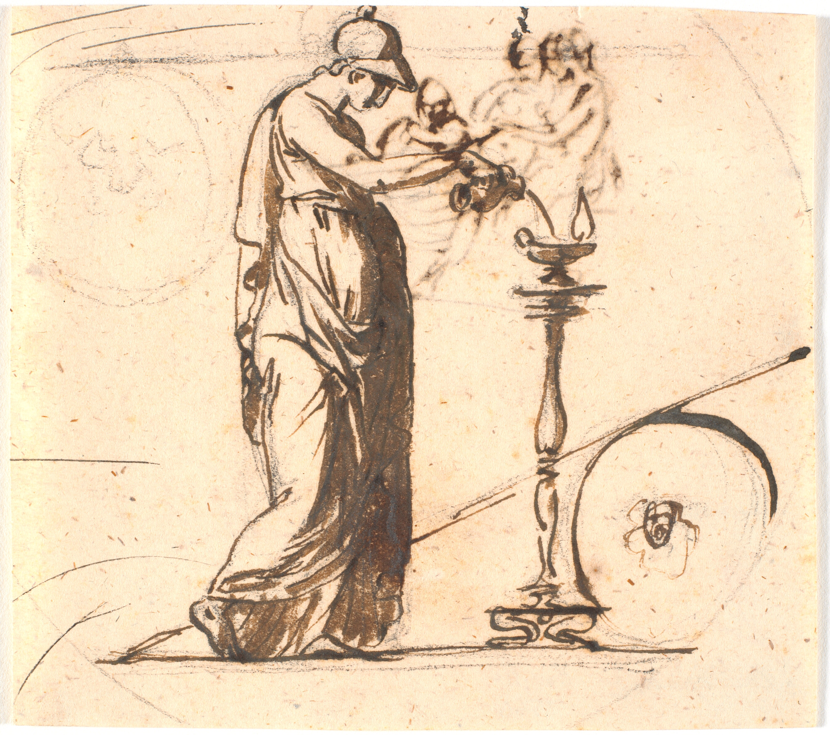 Athene gyder olie på en lampe