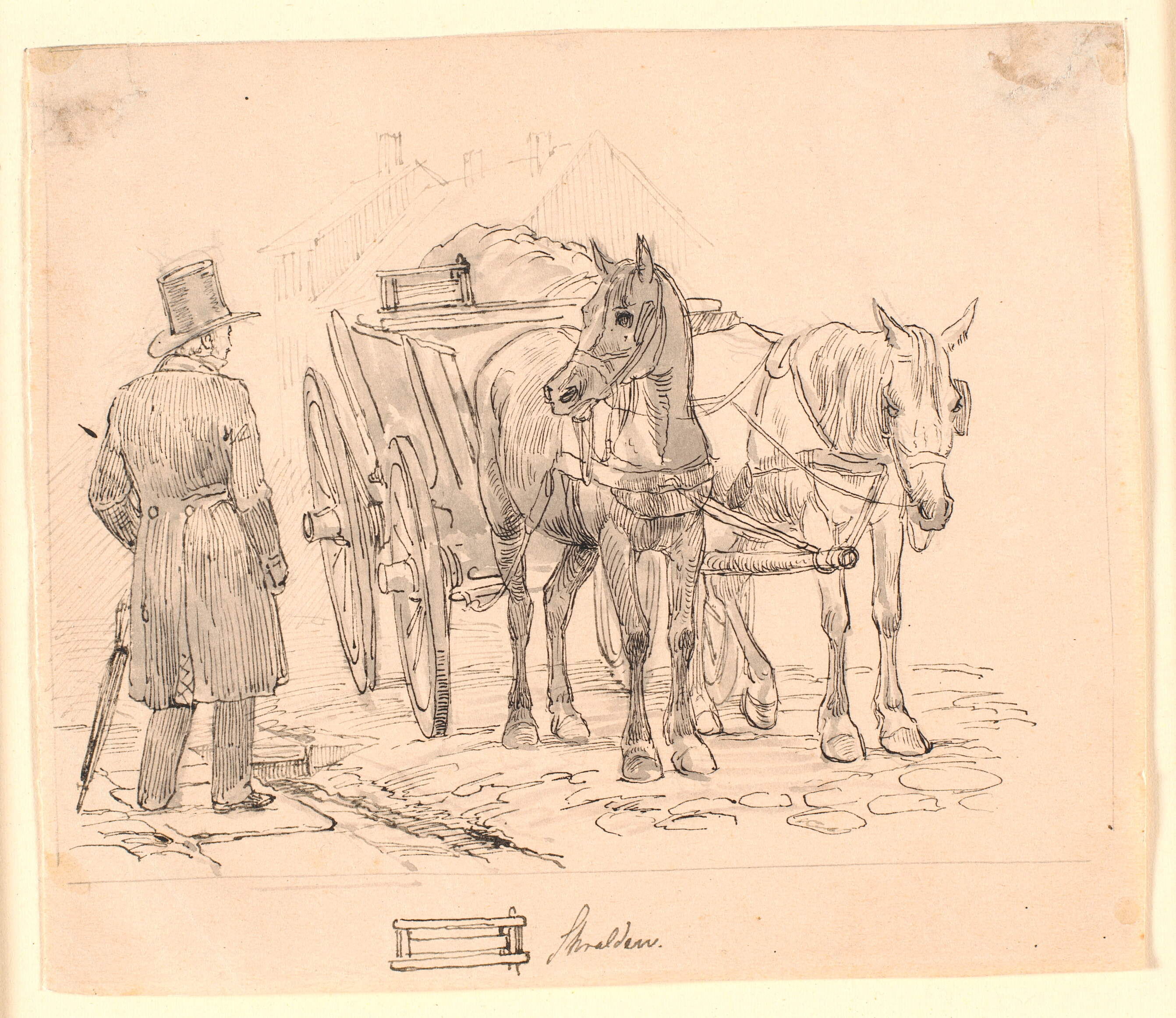 Skraldemandshesten. F.n.m.f. tegning af en skralde. Illustration til Kaalunds "Fabler for Børn". Se kommentar fra arkkatalog.