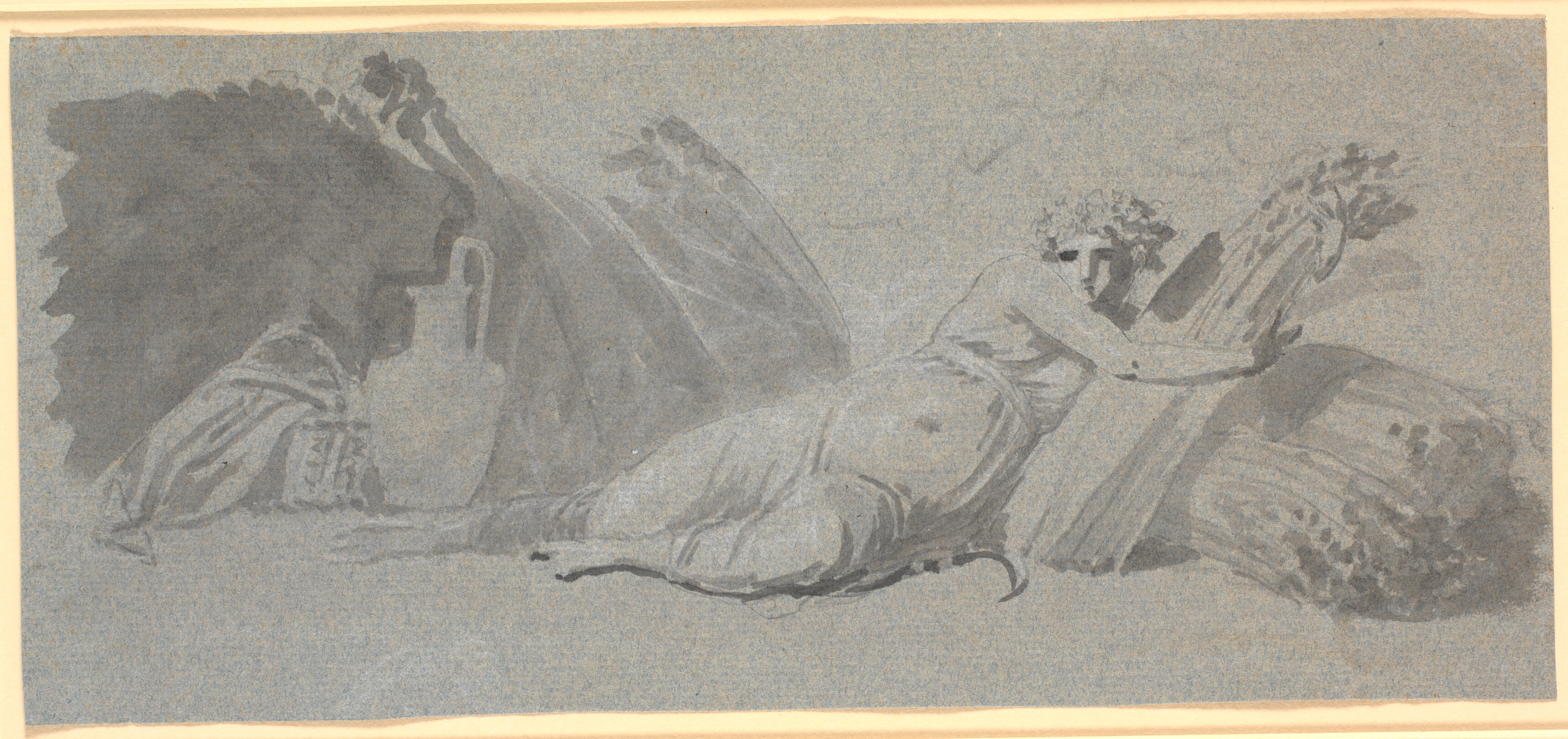 Udkast til dørstykke. En liggende kvindefigur med et neg i favnen