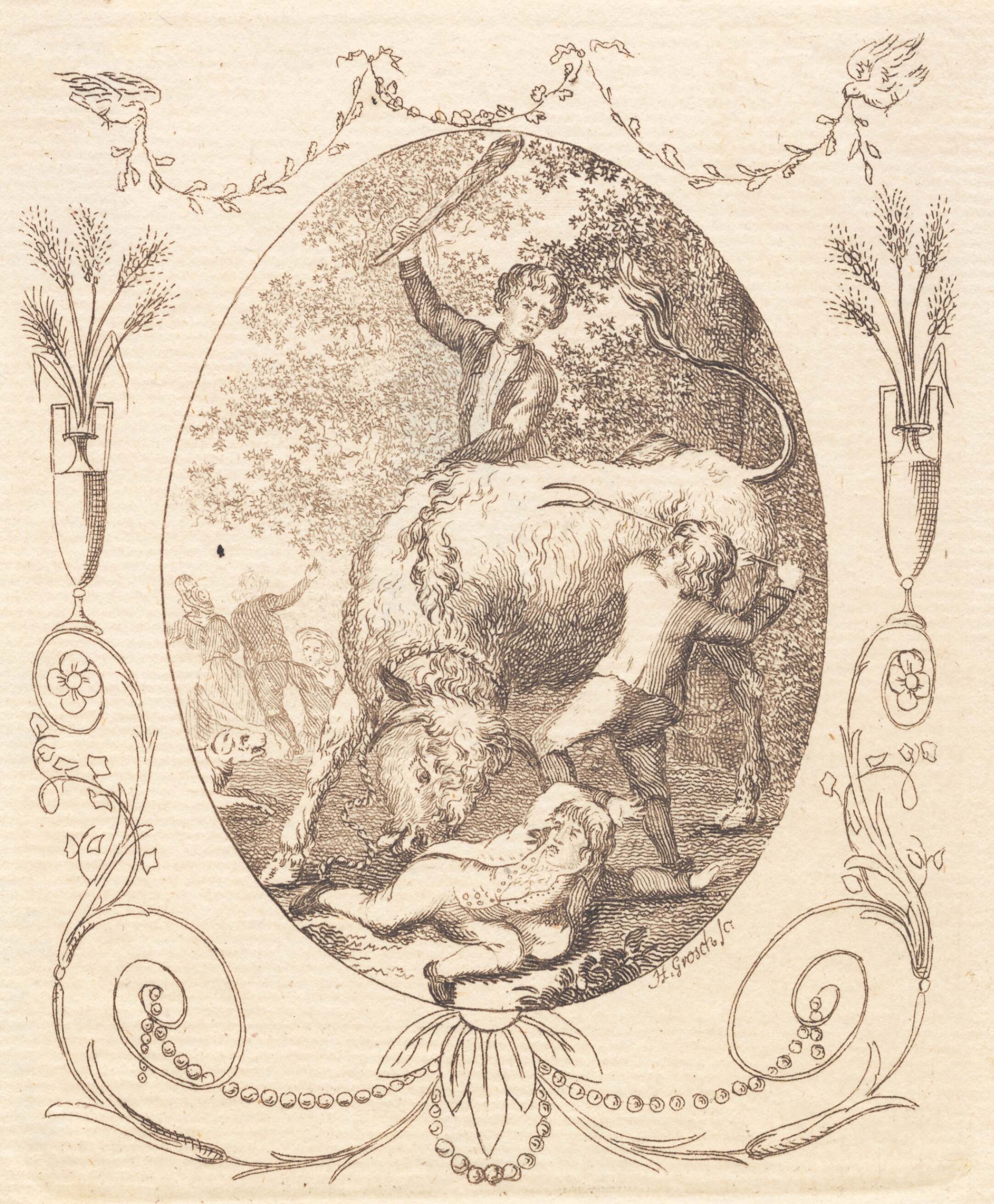 En tyr stanger efter en liggende dreng, som to kammerater søger at hjælpe