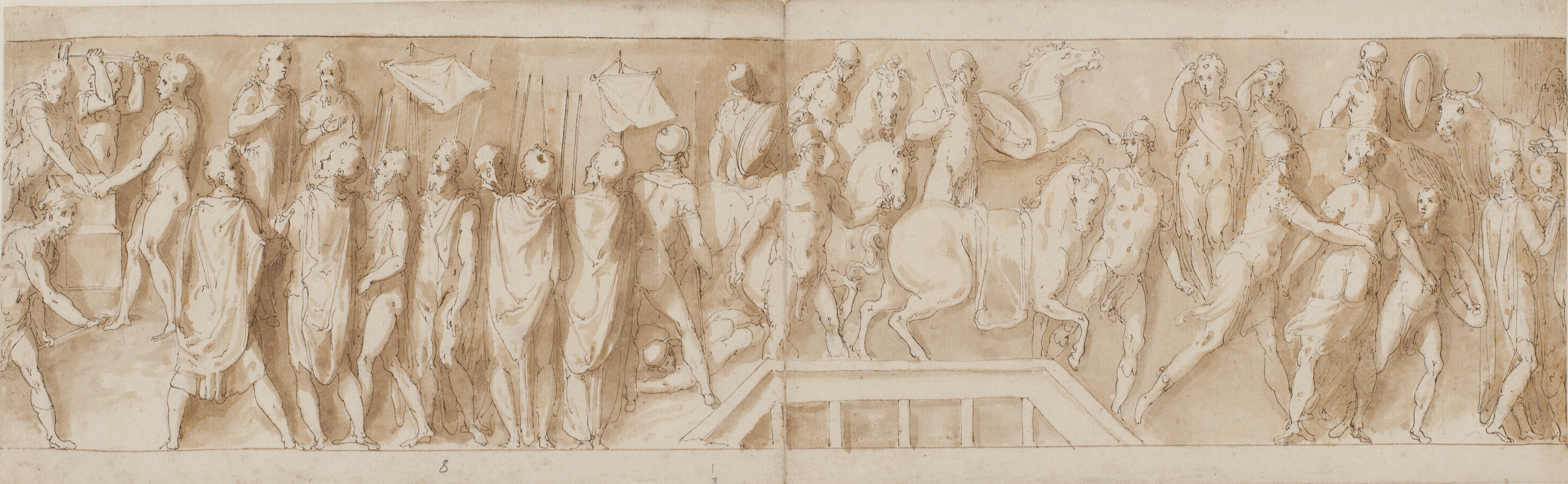 Romerske soldater opfører en lejr; en taler foran soldater; romere krydser en flod over en pontonbro; kvinder tages til fange