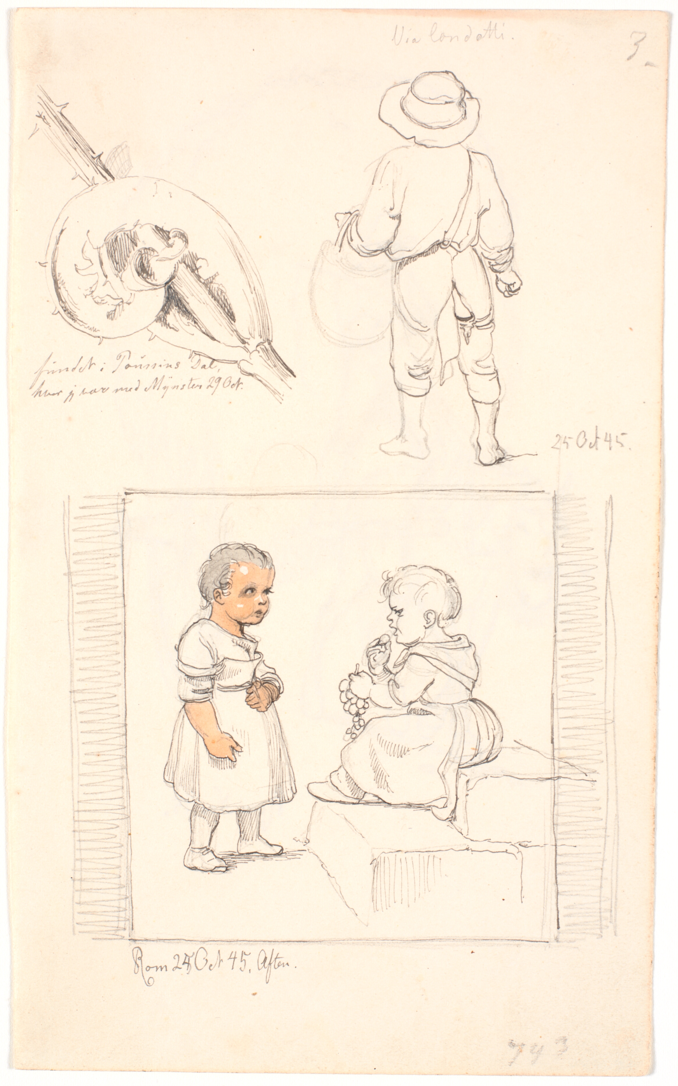 To børn, det ene siddende på en trappe med en vindrueklase i hånden. En dreng set bagfra med skjorten ud af bukserne. En akantusstængel med et sammenrullet blad