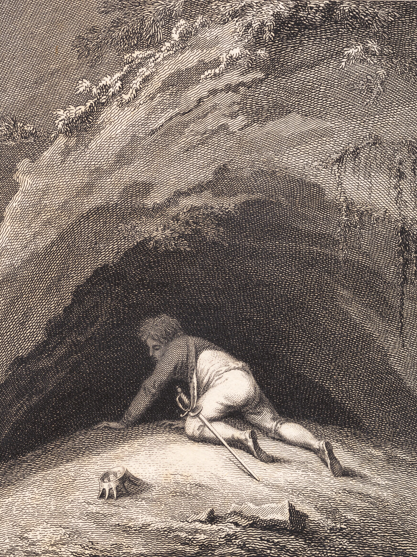 Den slagne Niels Klim kryber ind i hulen