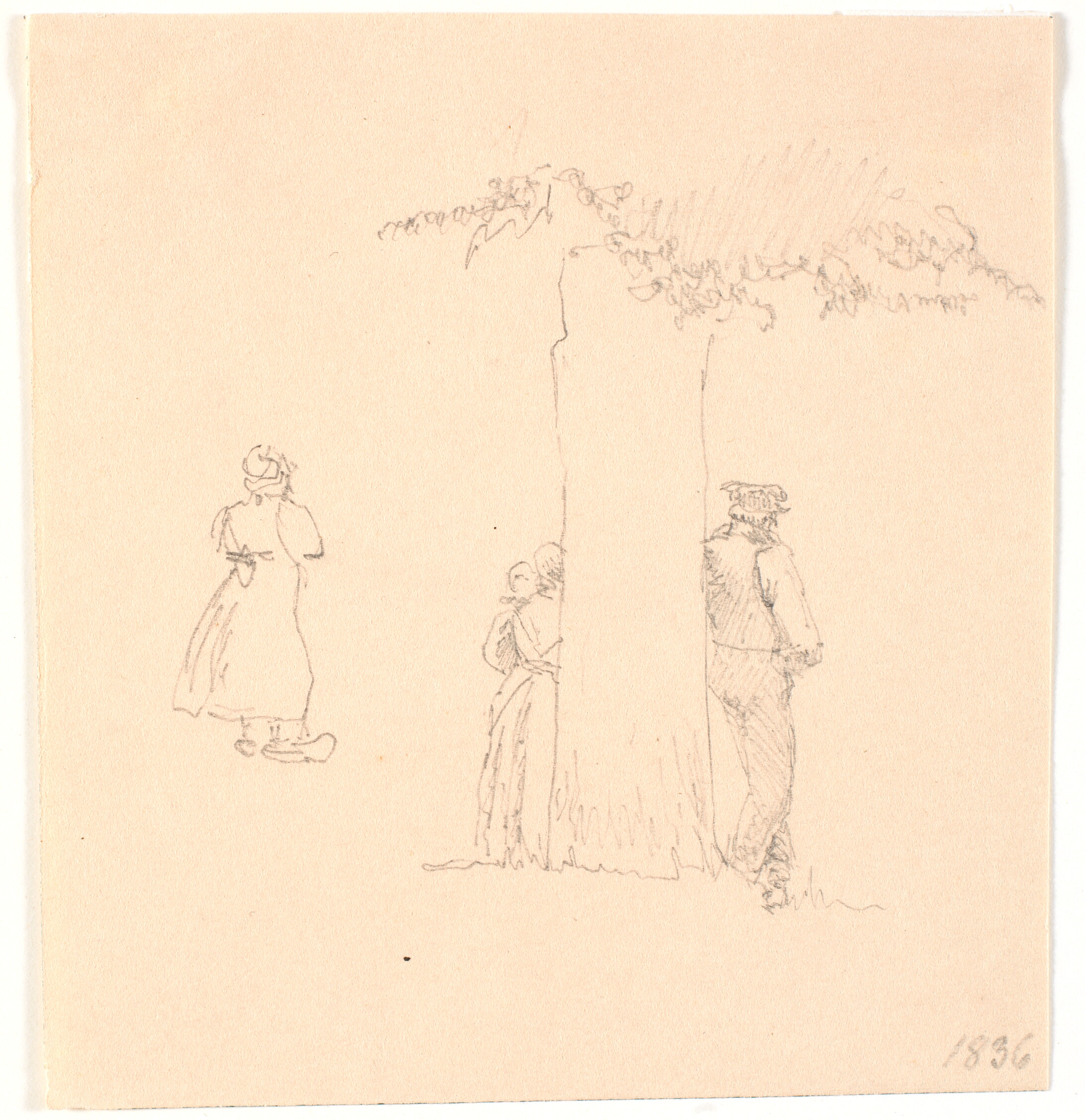 Mand og to koner stående ved et træ