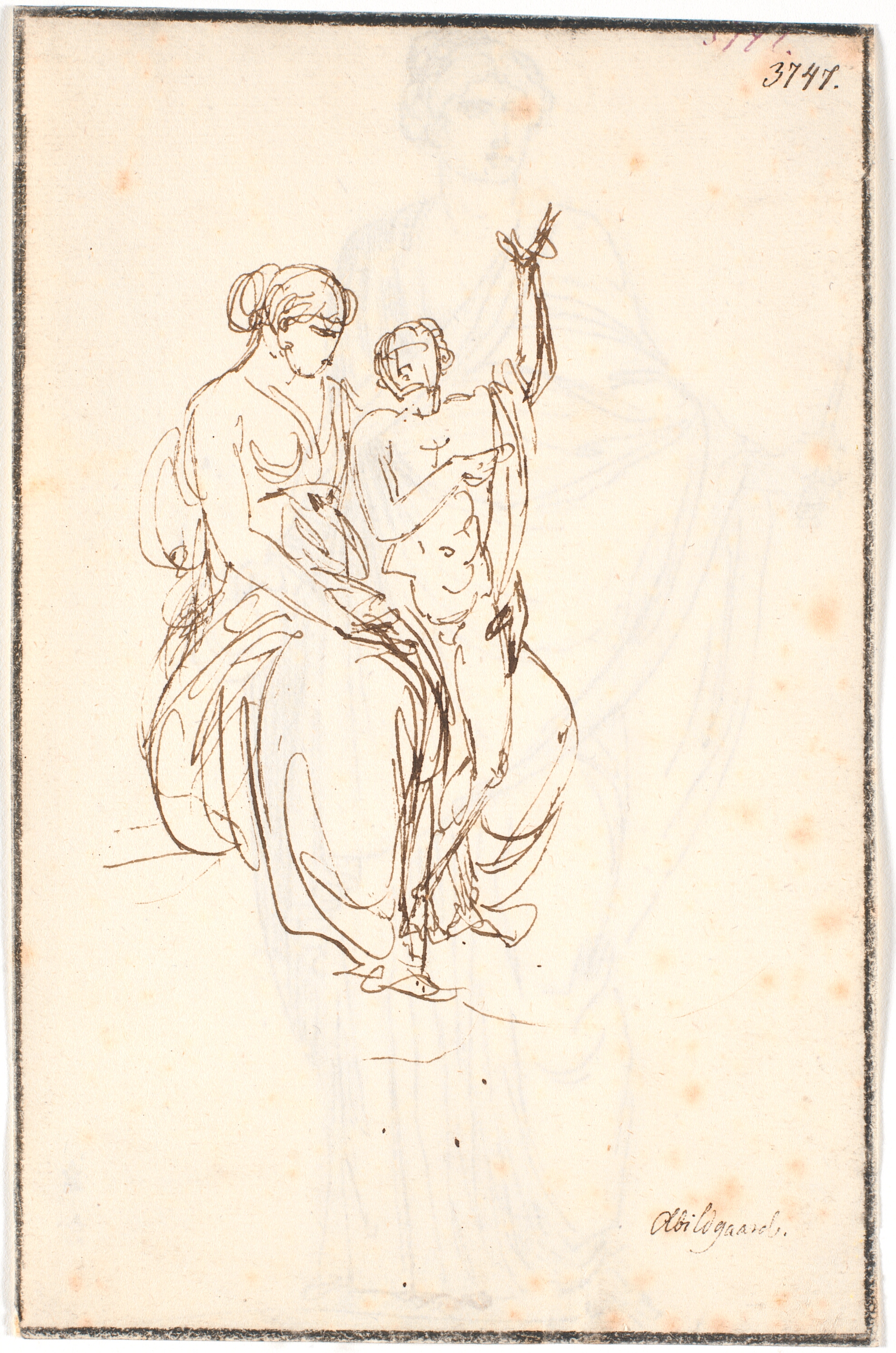 En siddende ung kvinde med en stående nøgen dreng, der rækker sin ene arm i vejret