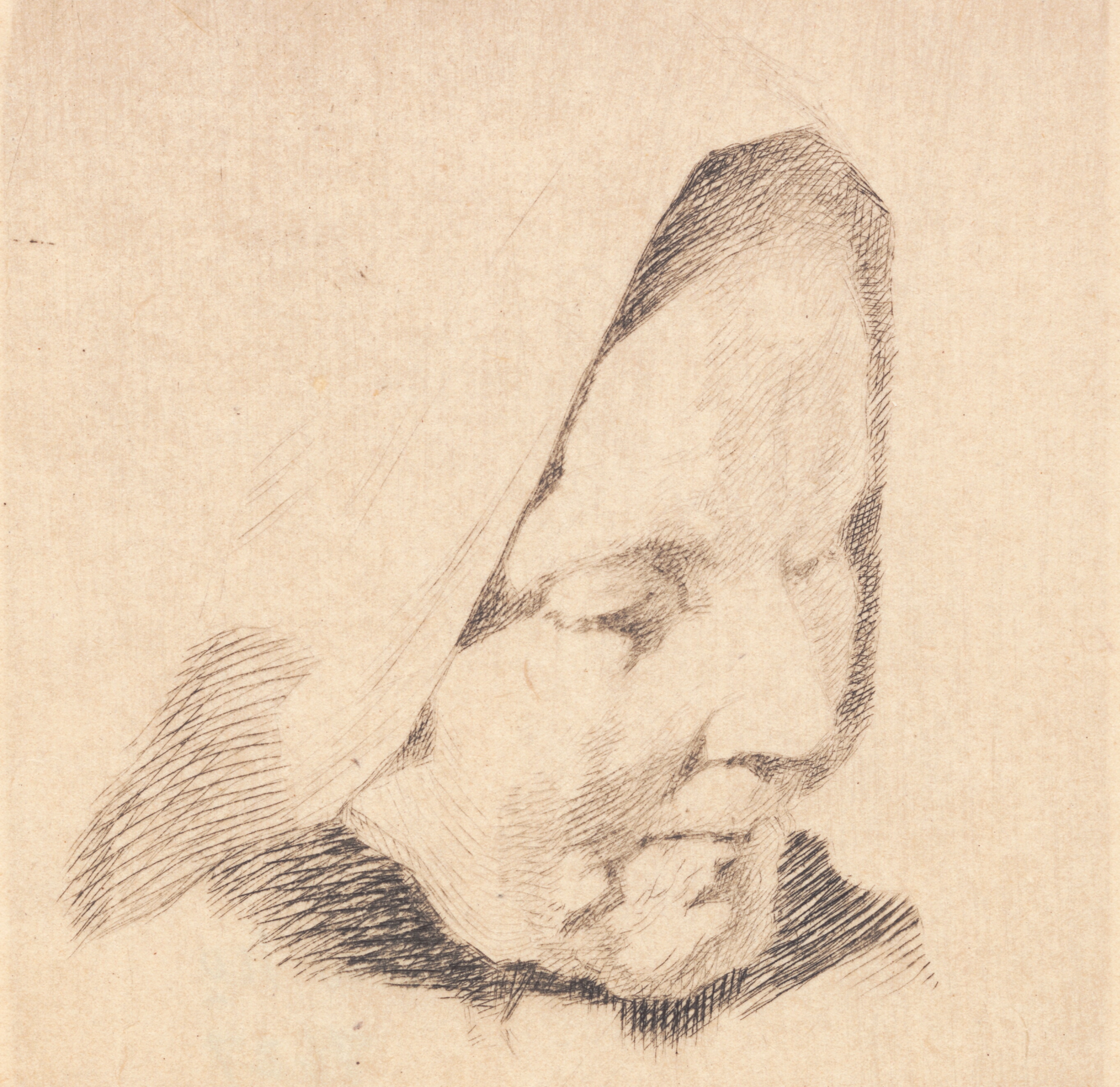 Prøveplade: Gammel kone med antydet tørklæde