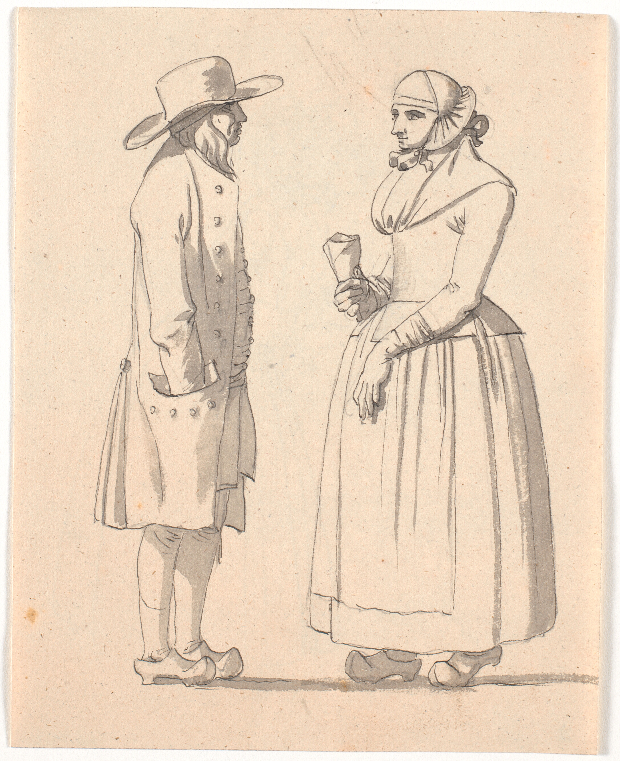 En almuemand og kone stående overfor hinanden