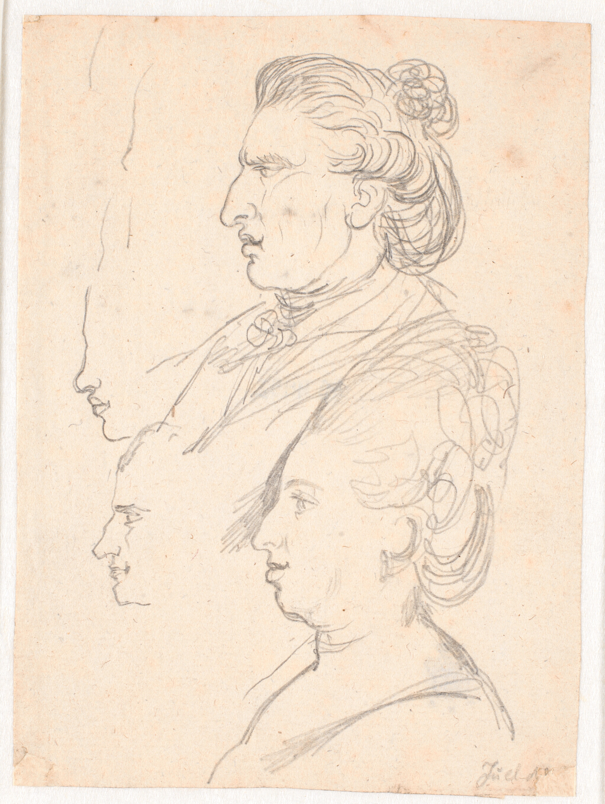 Profilportrætter af dronning Caroline Mathilde, J.F. Struensee og Enevold Brandt, samt et udkast, muligvis af Juel selv. Alle i profil mod venstre