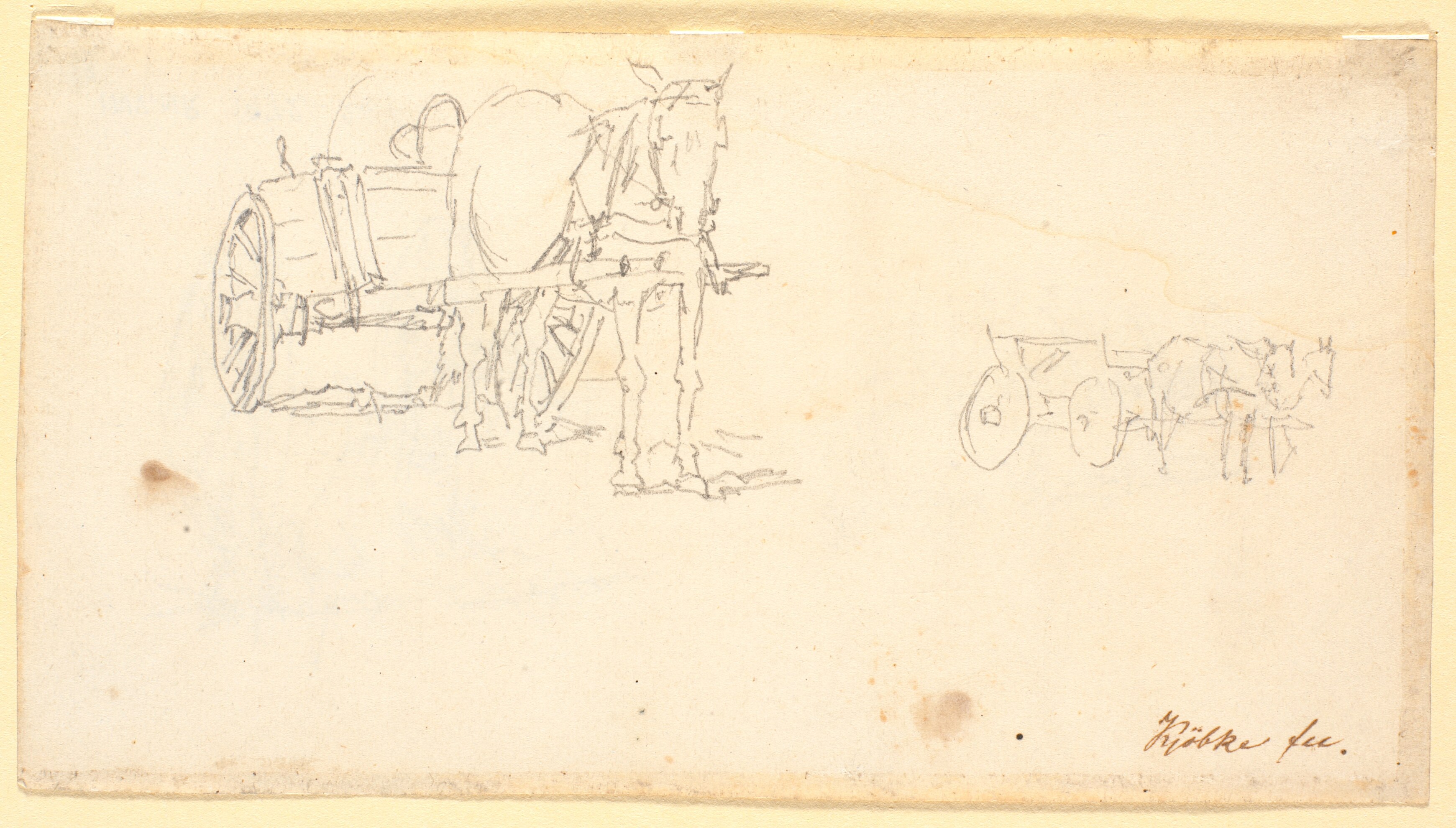 Skitsebogsblad med to hesteforspændte vogne
