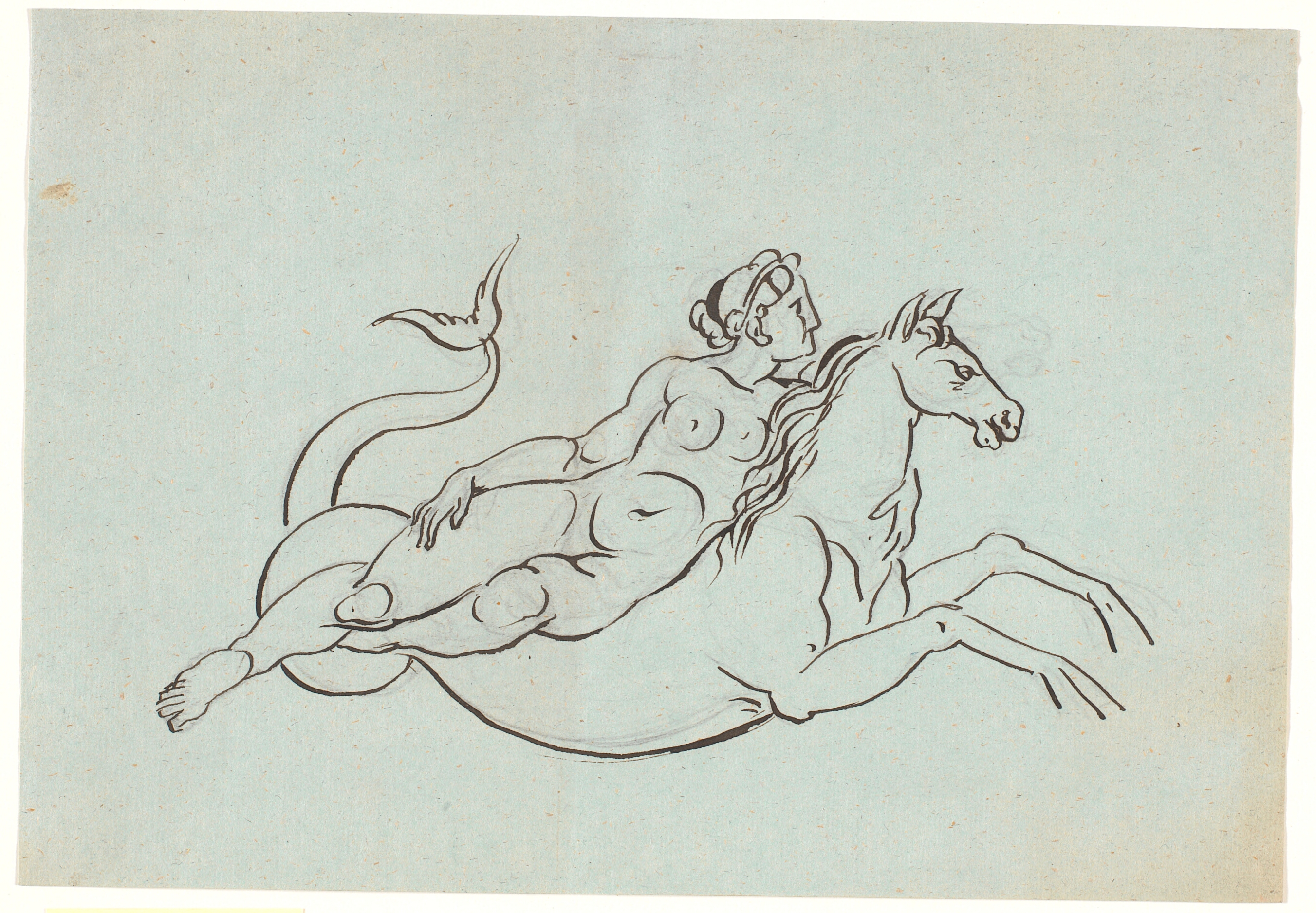 En nøgen kvinde liggende henslængt på en søhest