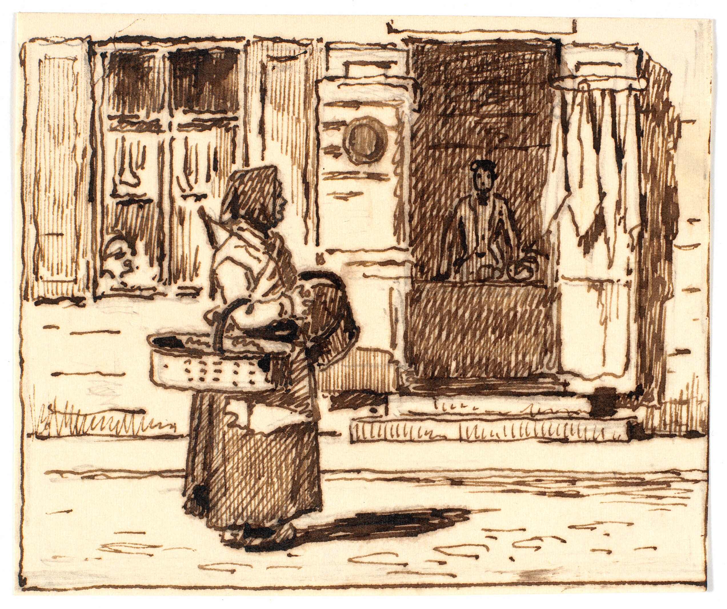 Italiensk (?) gadescene med kone med kurve