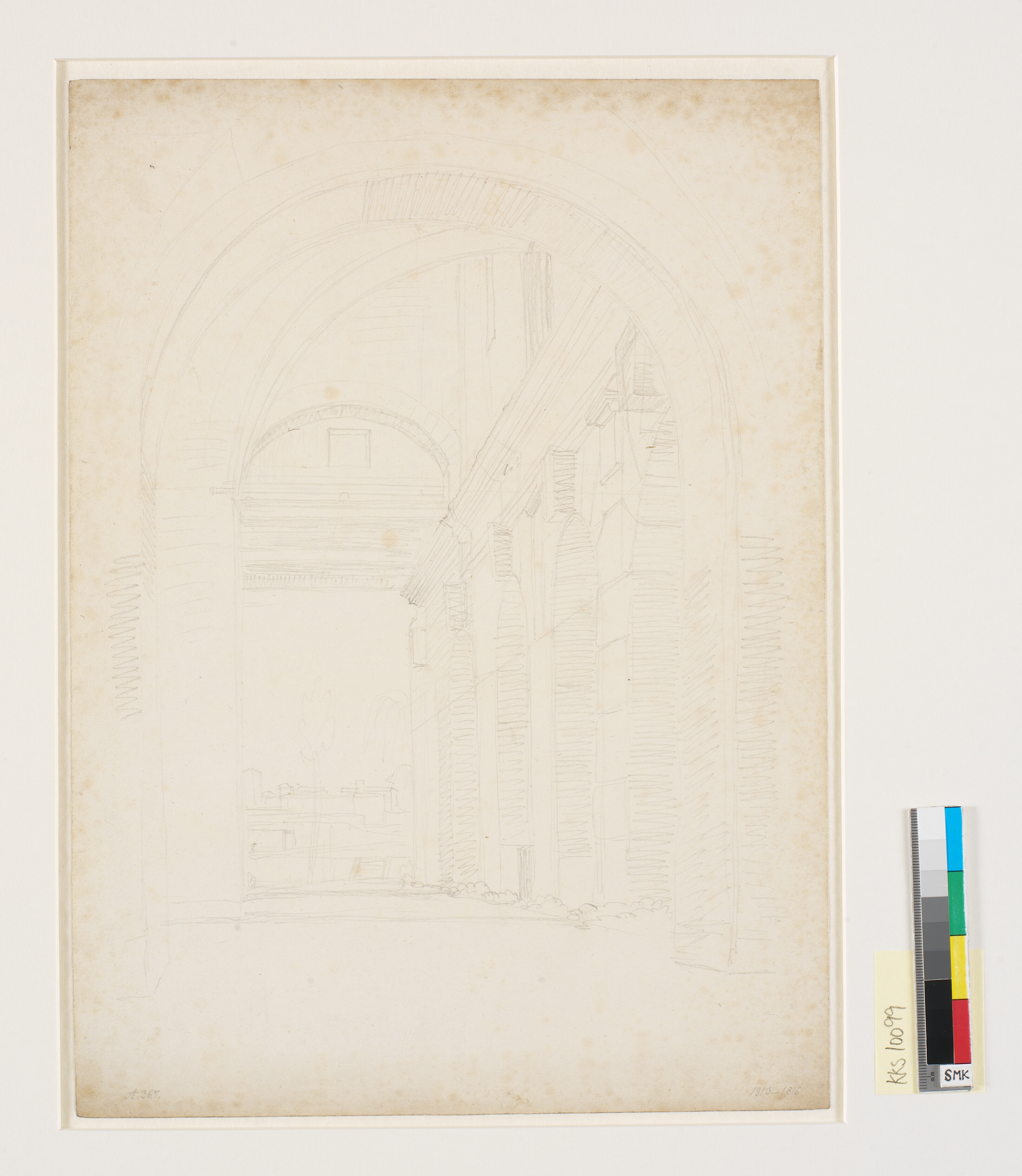 Udsigt langs den vestlige arkaderække af Tempio di Claudio, tidligere kaldet Curia Hostilia, i baggrunden Torre delle Milizie og Quirinalet. Rom