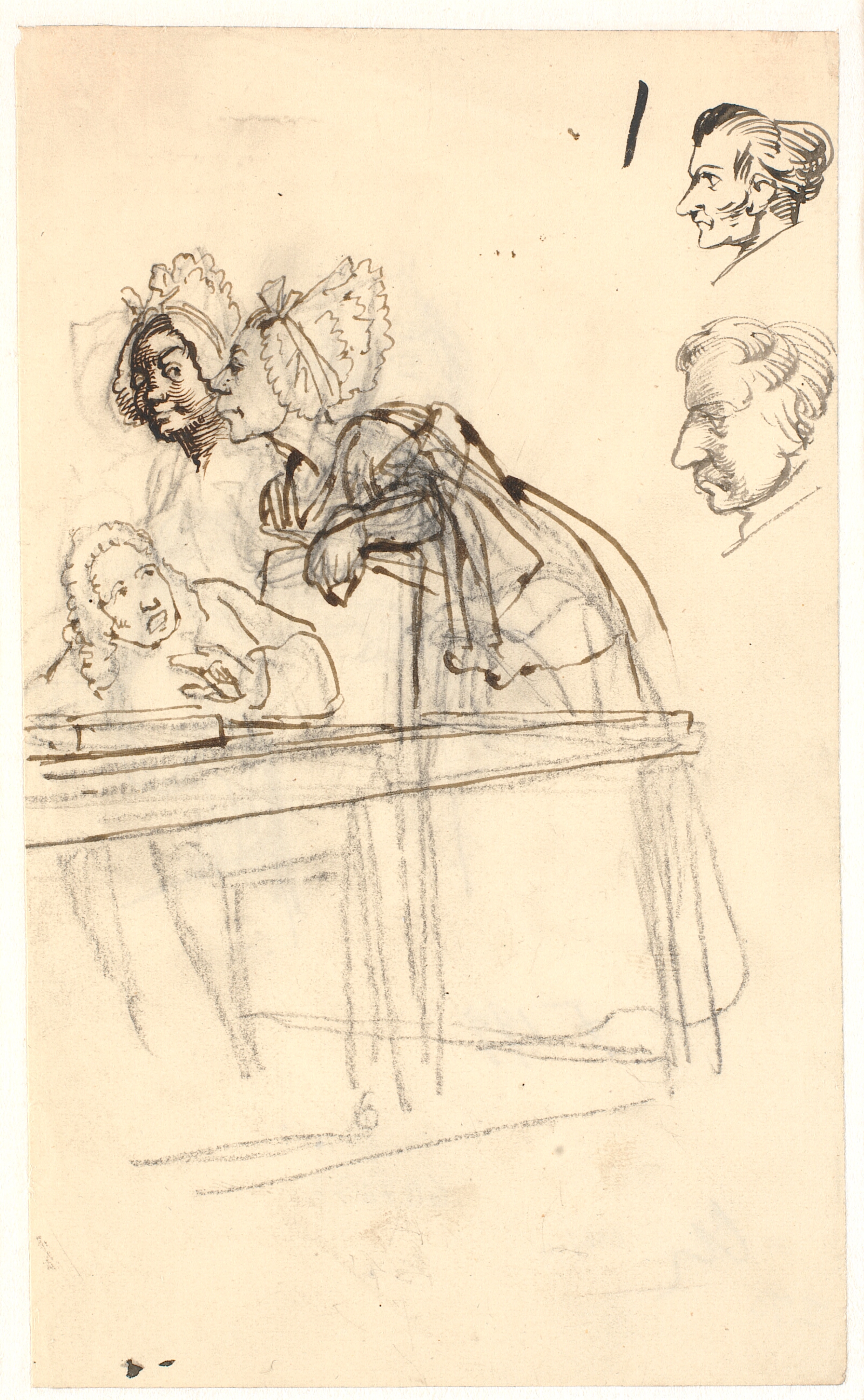 Holberg'sk scene: To kvinder snakker ivrigt til en parykklædt retsskriver