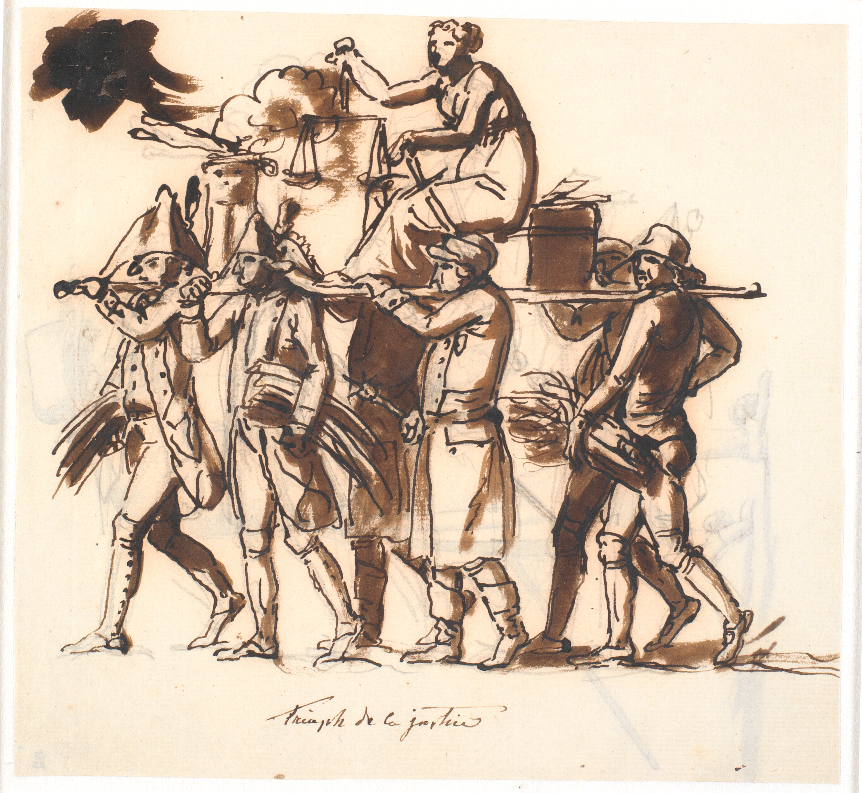 Retfærdighedens triumf. Seks mand bærer en båre, på hvilken retfærdighedens kvindelige figur sidder med vægtskålen