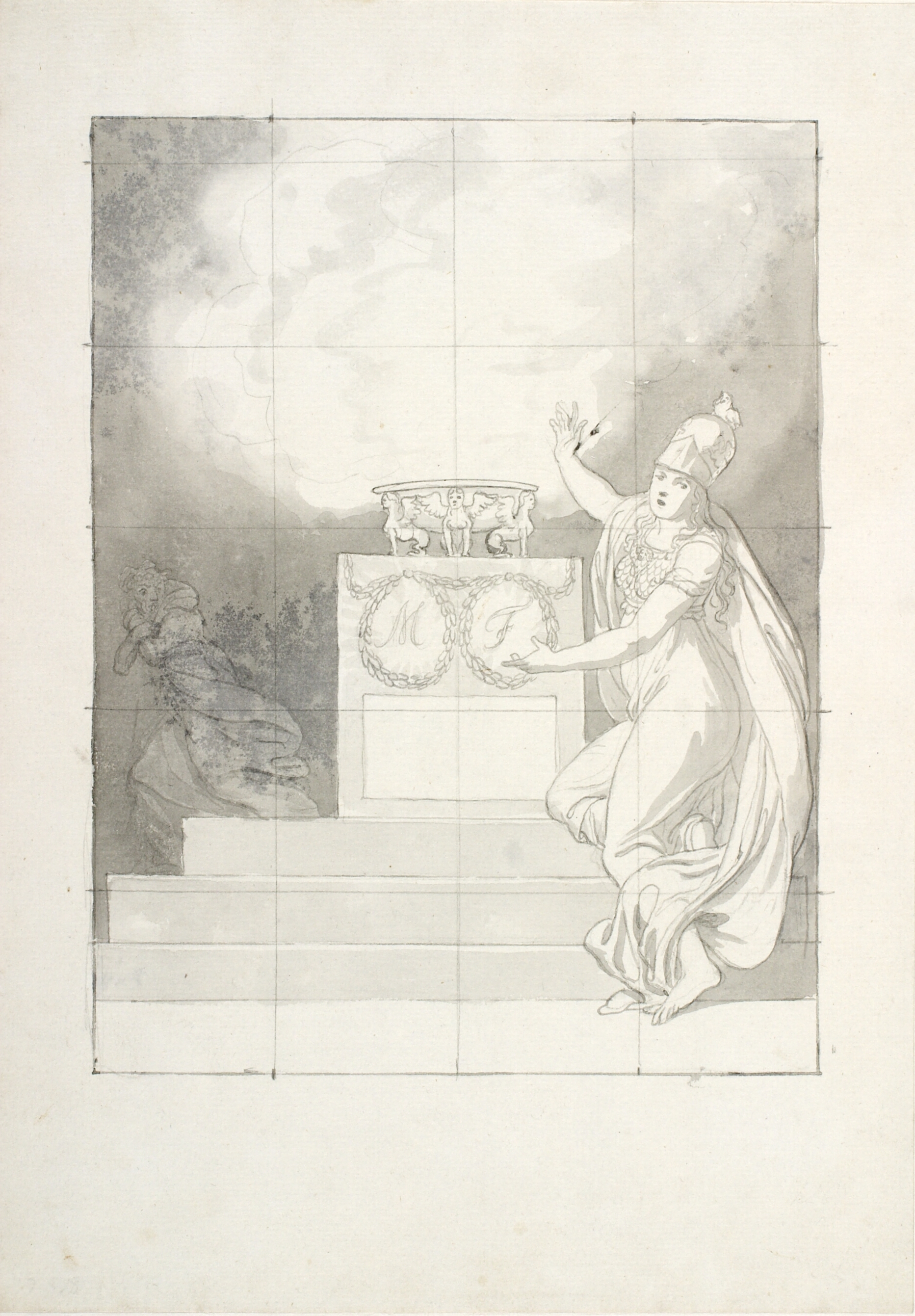 Allegorisk komposition: Athena foran et alter med rygende trefod, hvorfra en gammel kvindeskikkelse flygter