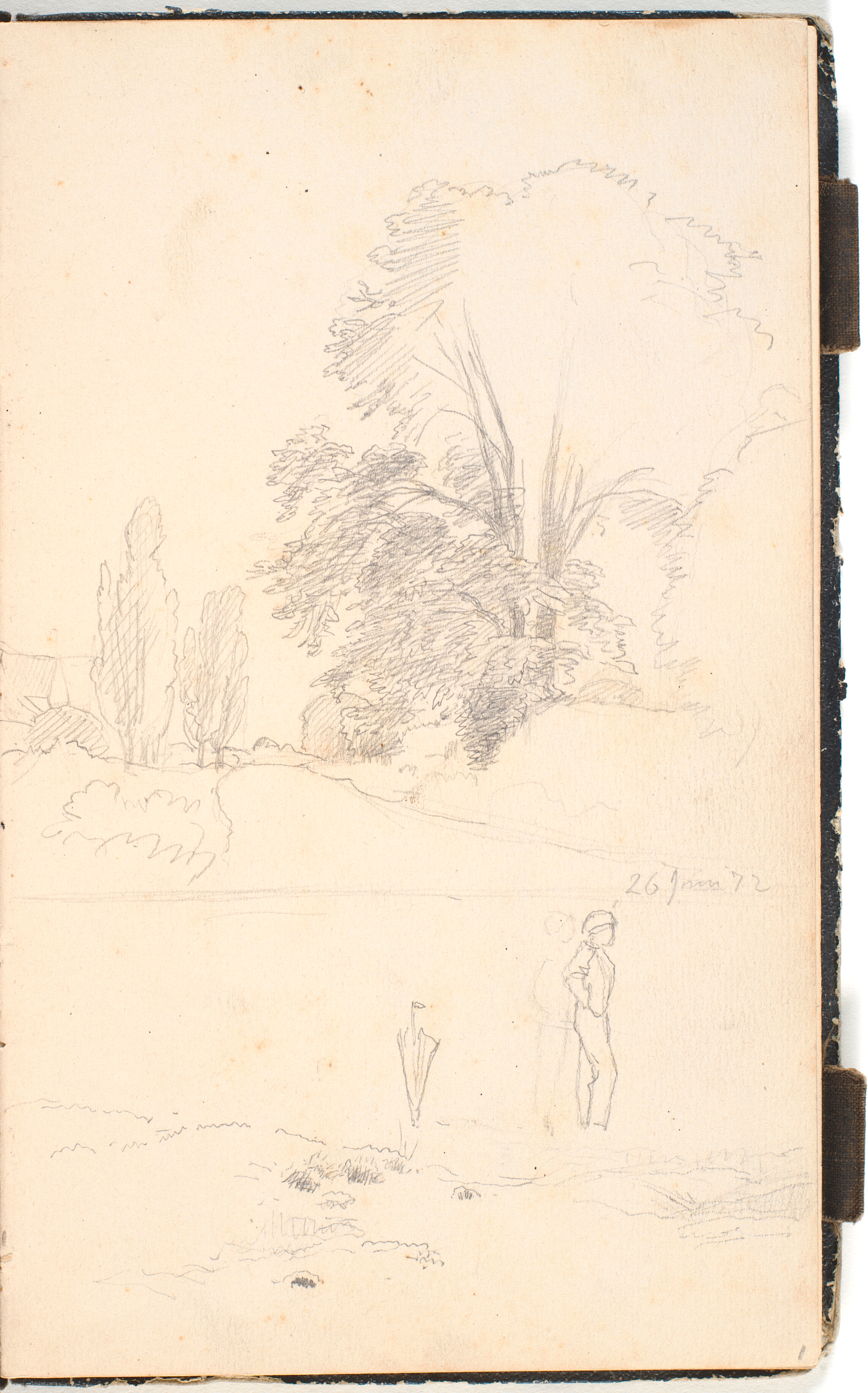 En vej mellem træer samt en stående mand og en fritstående paraply