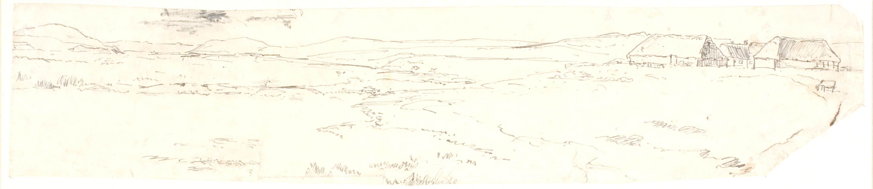 Udsigt over et landskab med lange bakkedrag, t.h. en gård. Vestjysk?