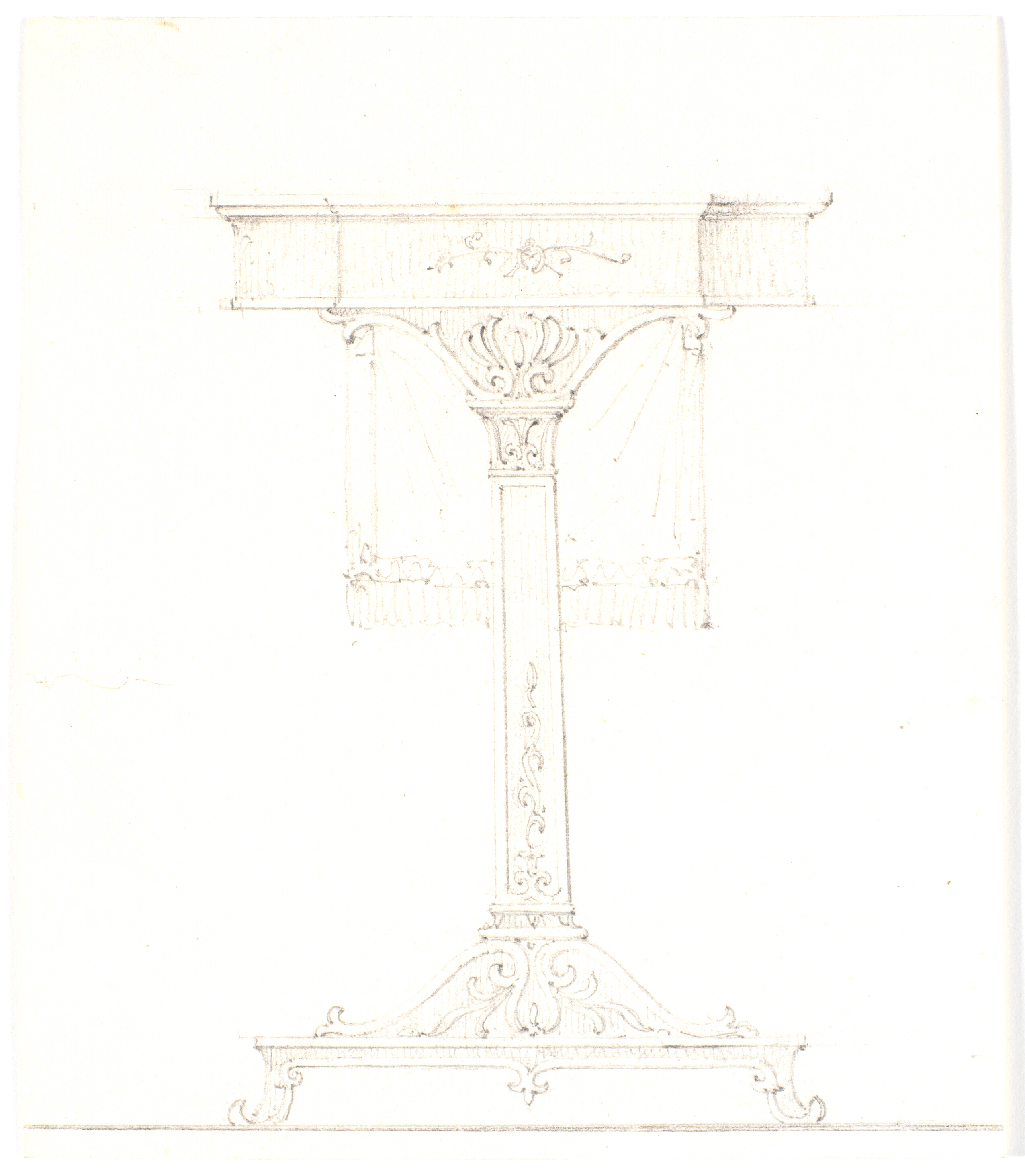 Studie af et udskåret bord, set fra siden
