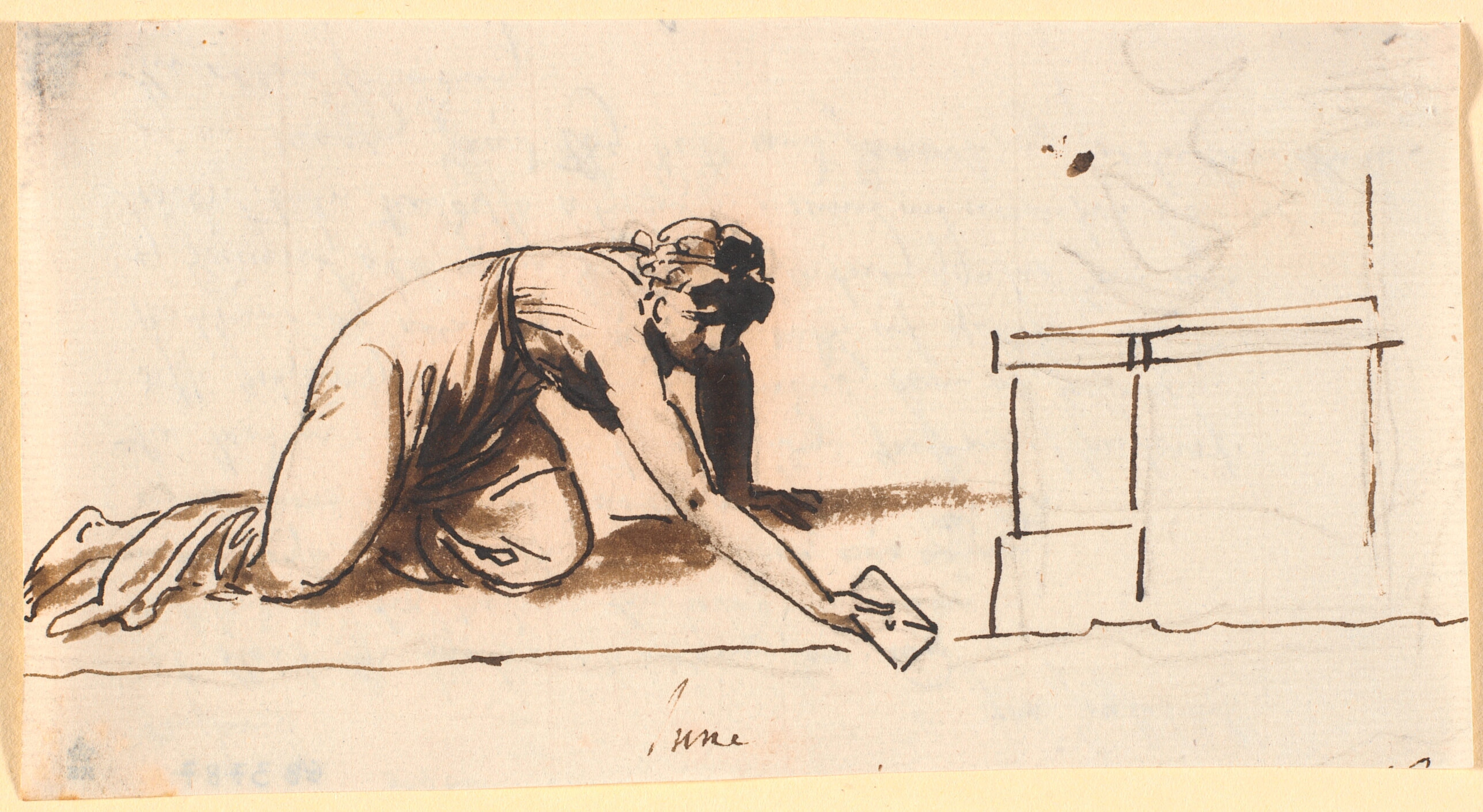 En kvinde, der ligger på knæ, holdende en genstand i den udstrakte højre hånd