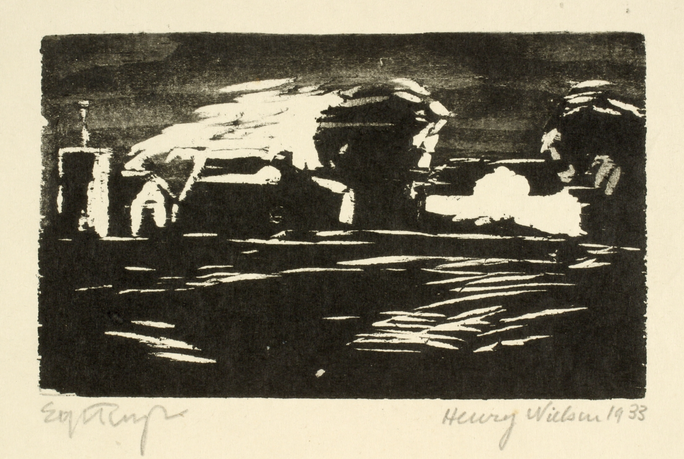 Mørkt landskab med træer og huse