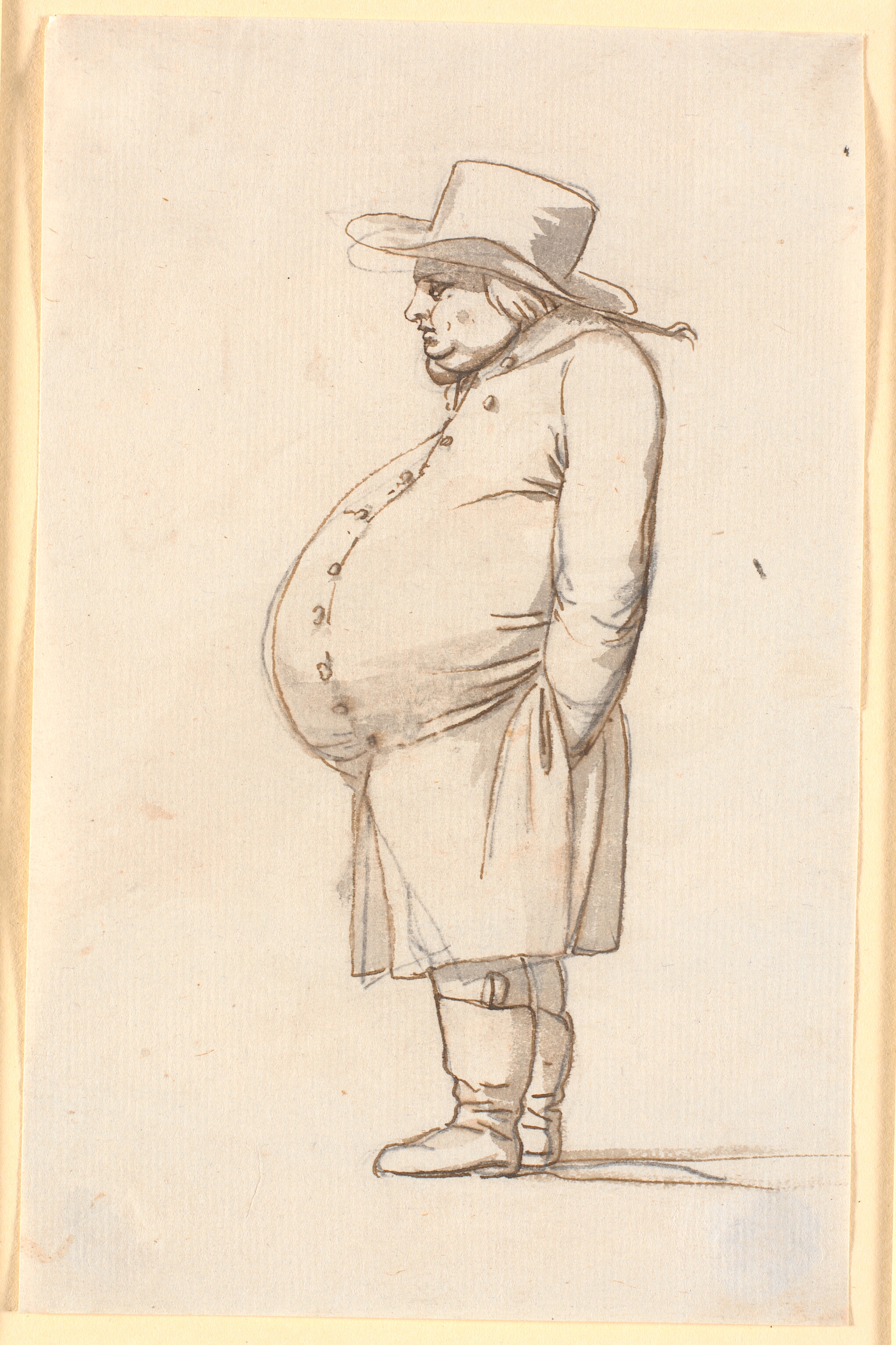 Karikatur af en tykmavet mand, stående i profil til venstre