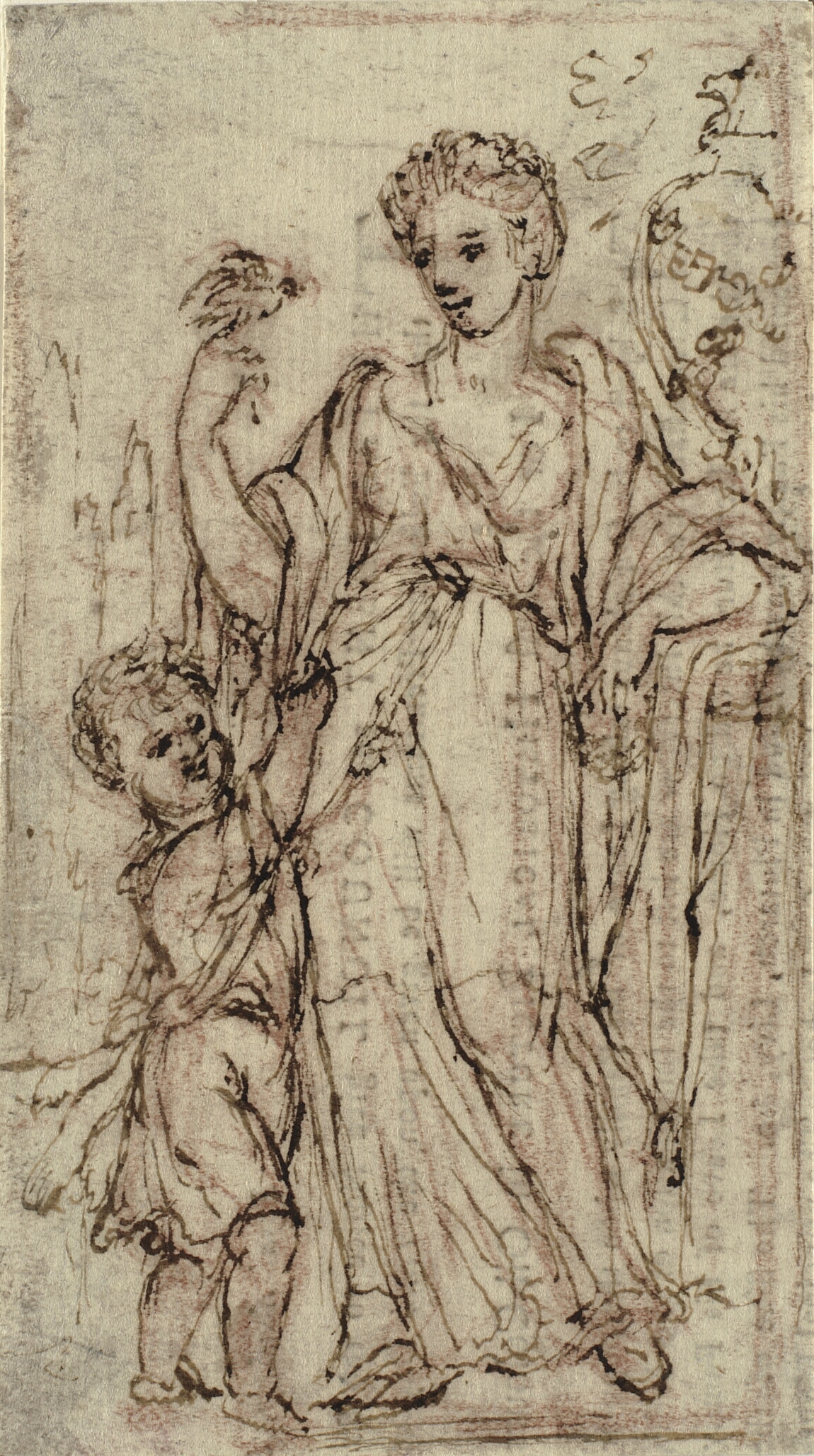 Kvinde og barn i antikke gevandter. I højre hånd holder kvinden en fugl