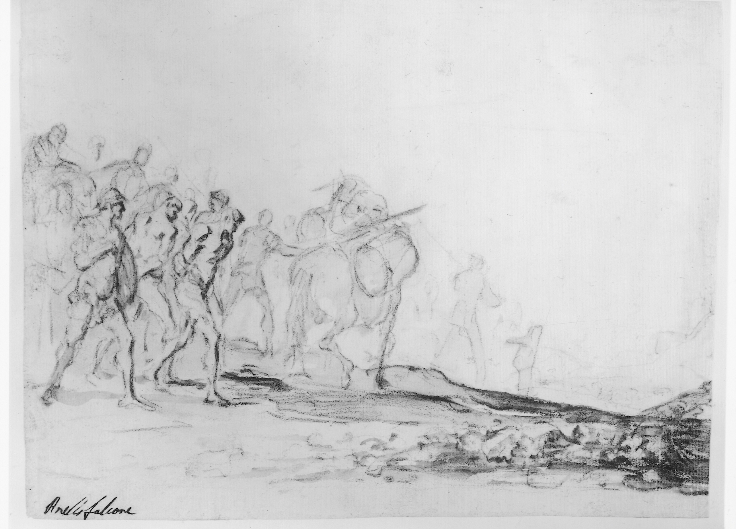 Marcherende soldater med fanger i et landskab