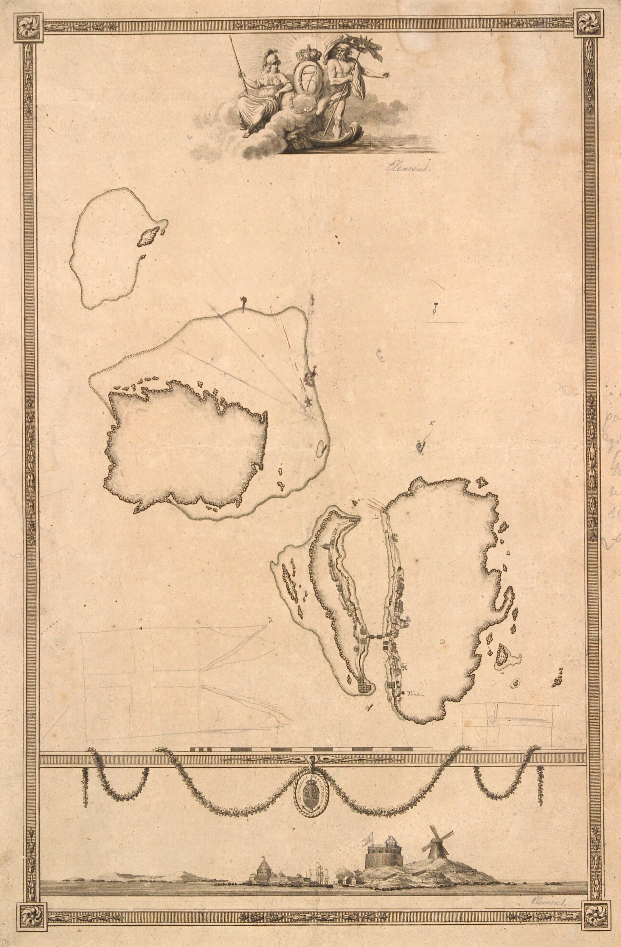 Titelvignet og prospekt til kort over Christiansø