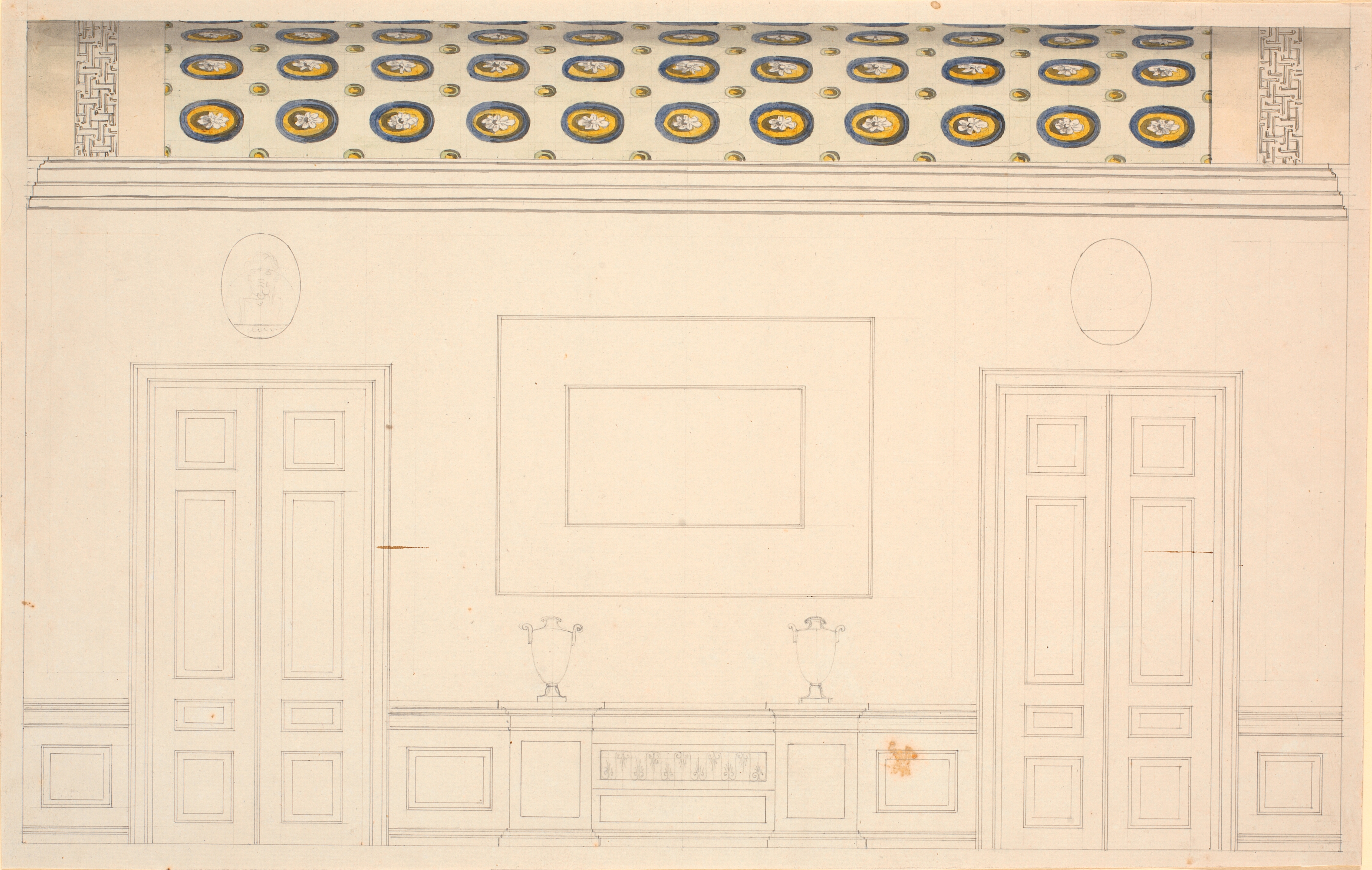 Langvæg med to døre. Dekoration af et værelse med tøndehvælv