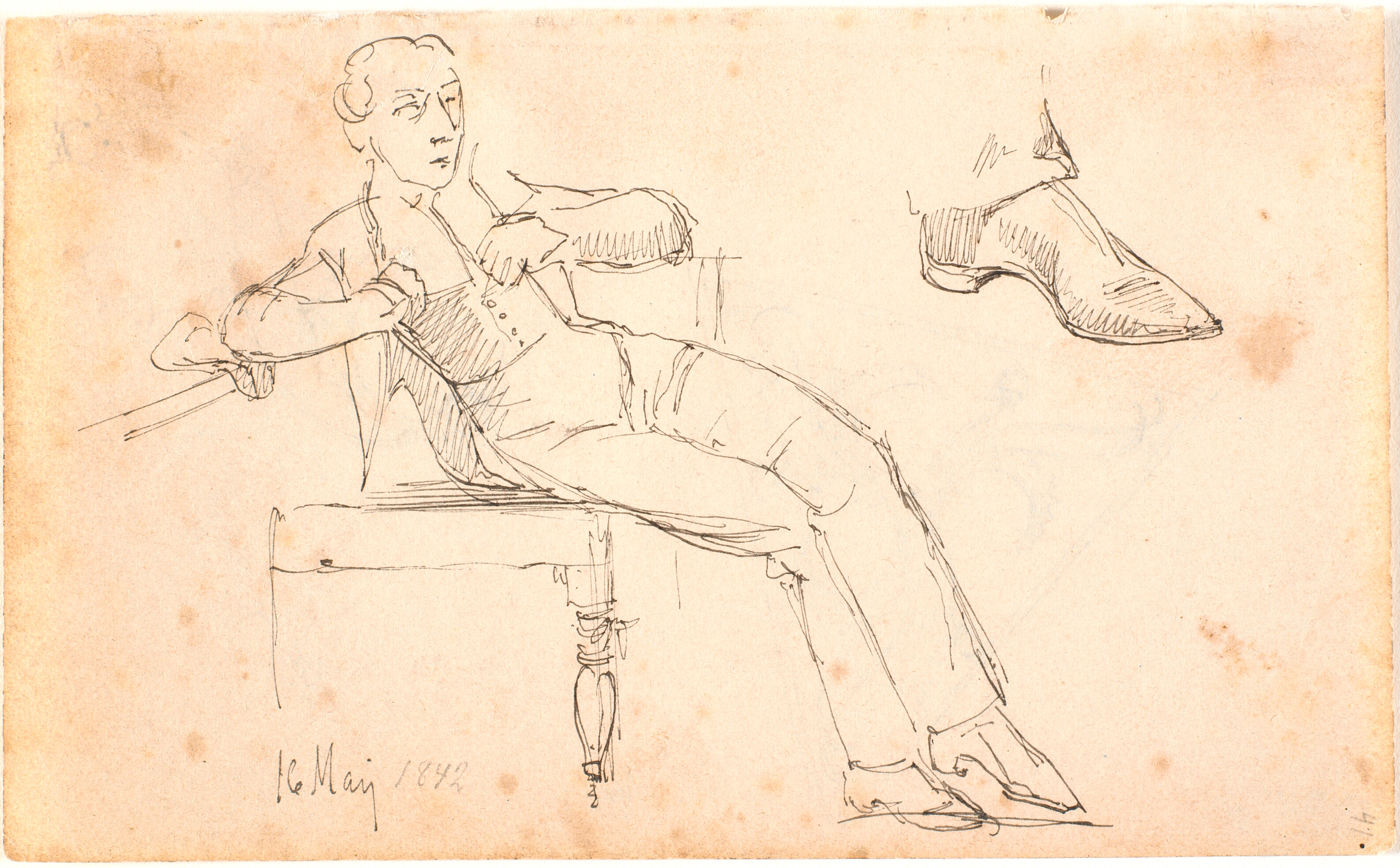 Skitsebogsblad med siddende ung mand og studie af en sko