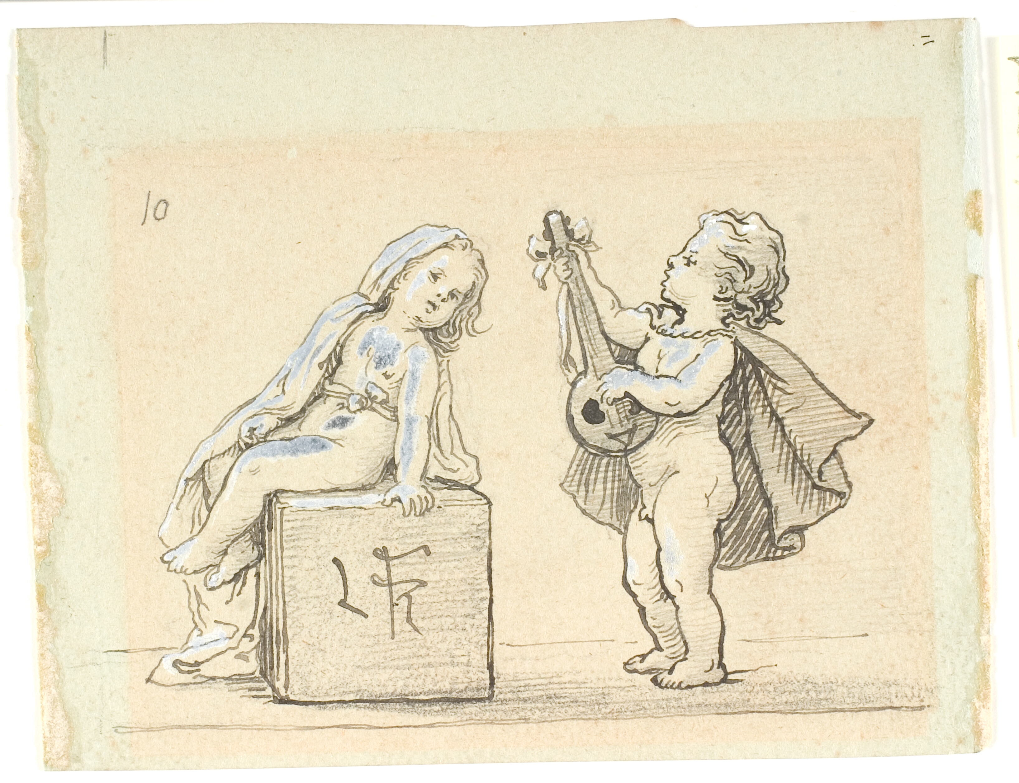 Vignet med dreng, der spiller mandolin for en pige