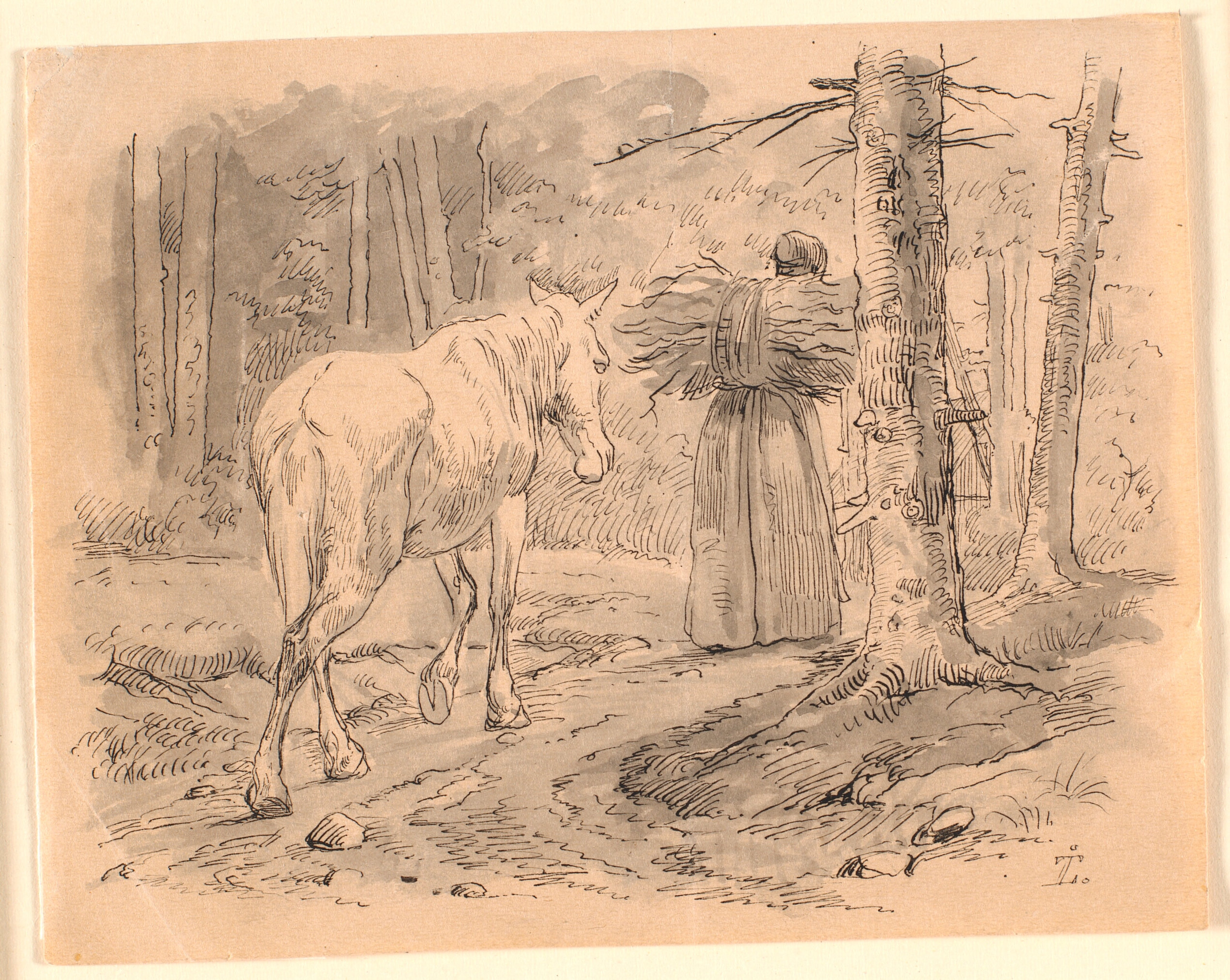 Konen og hesten. Illustration til Kaalunds "Fabler for Børn". Se kommentar fra arkkatalog.