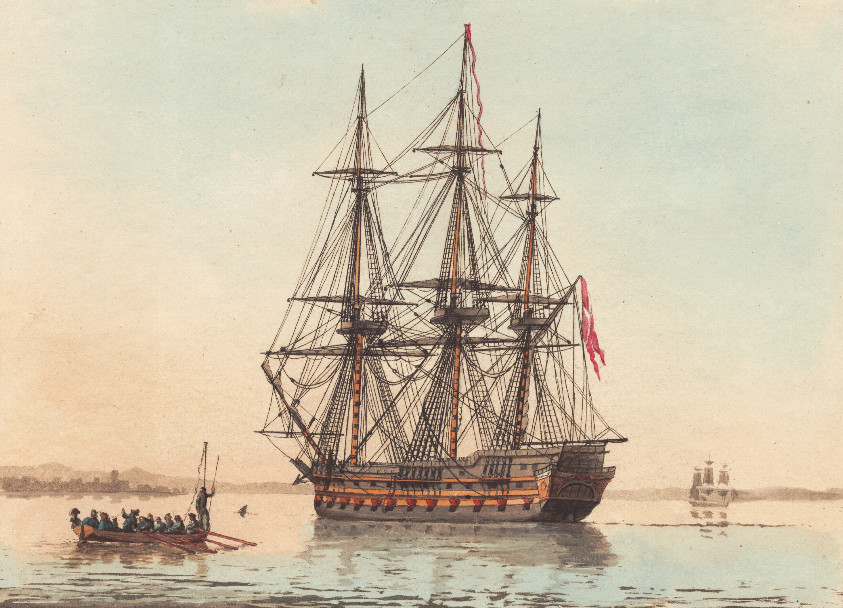 Et dansk orlog skib til ankers i en stille morgenstund