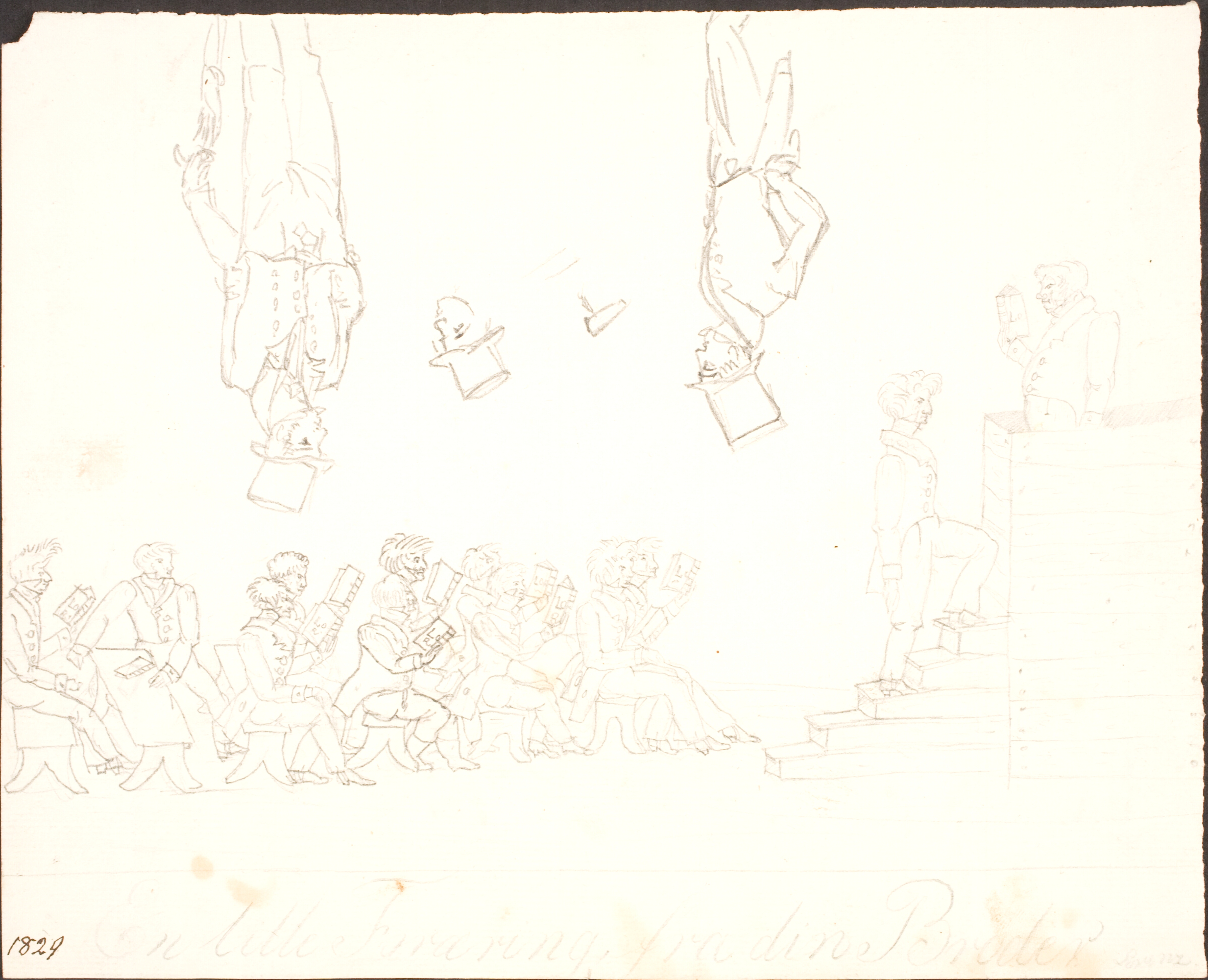 Skoleklasse med læsende elever samt studier af mand iført høj hat