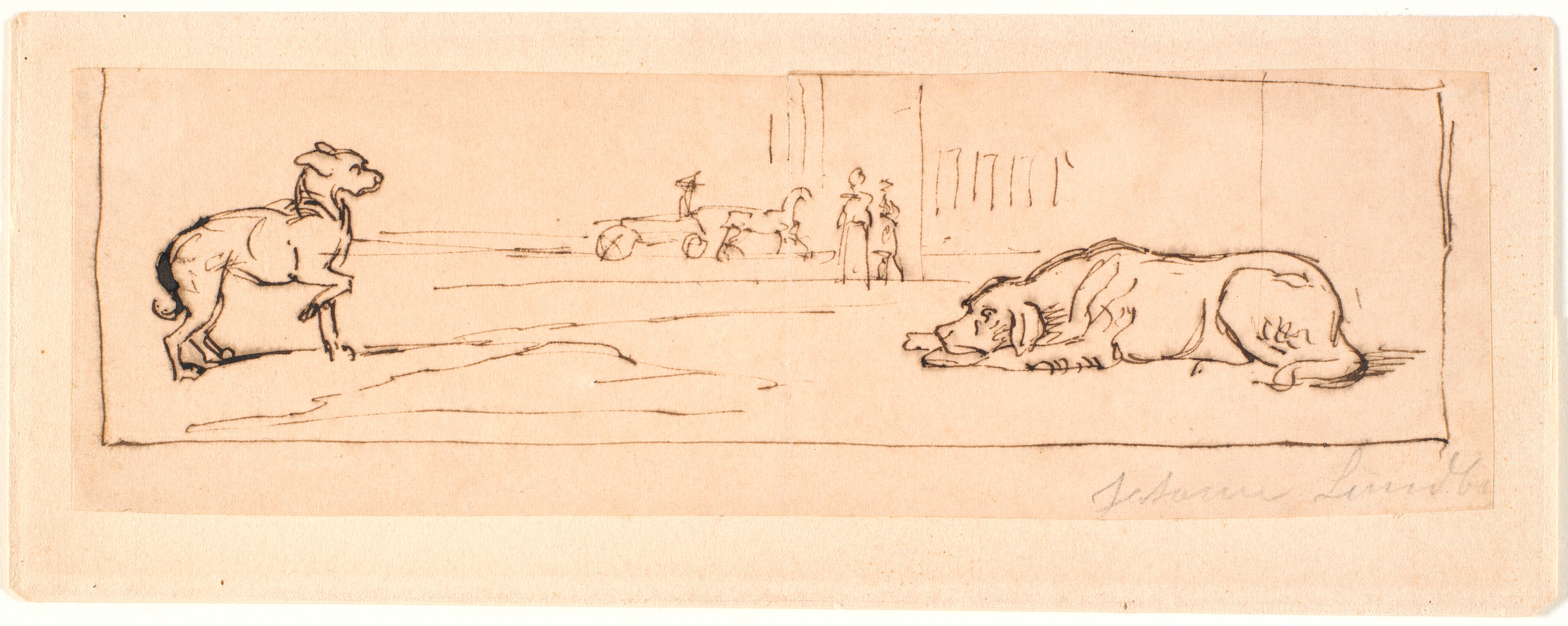 To hunde på en gade. I baggrunden en hestevogn og to gående