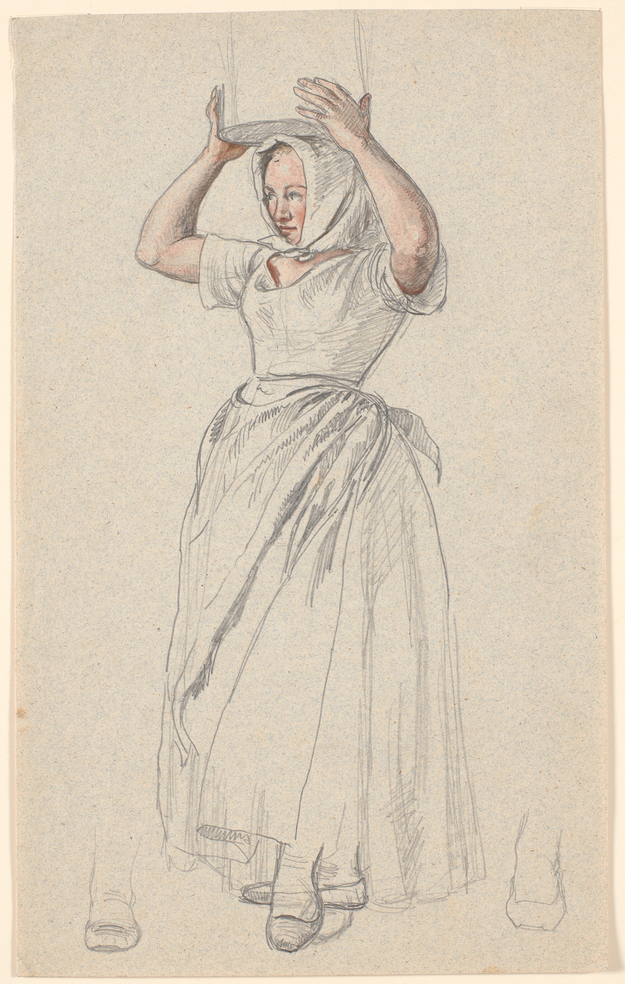 Stående bondepige med et mælkekar på hovedet.