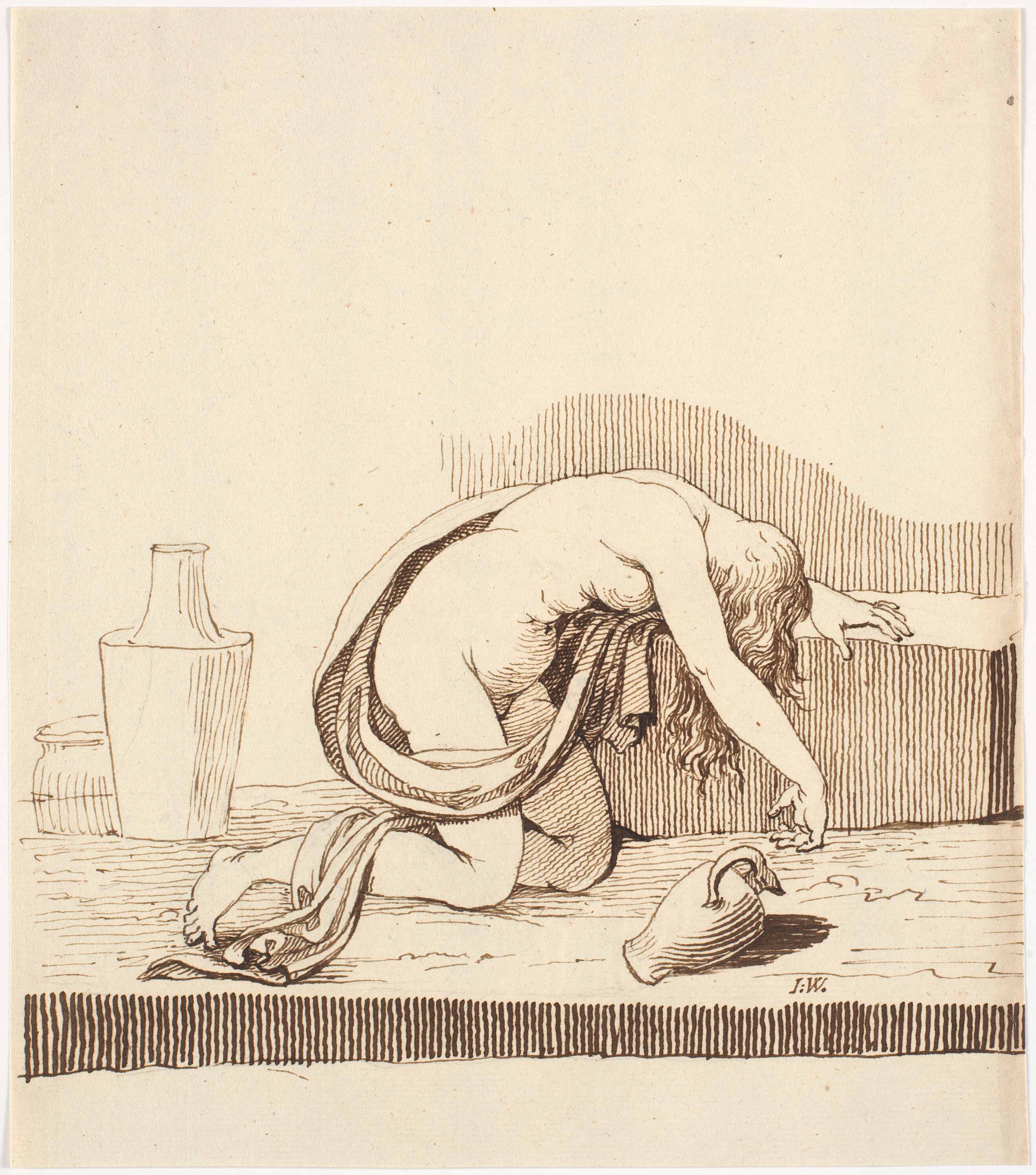 Nøgen foroverbøjet kvinde (beruset) med tømt vinkande