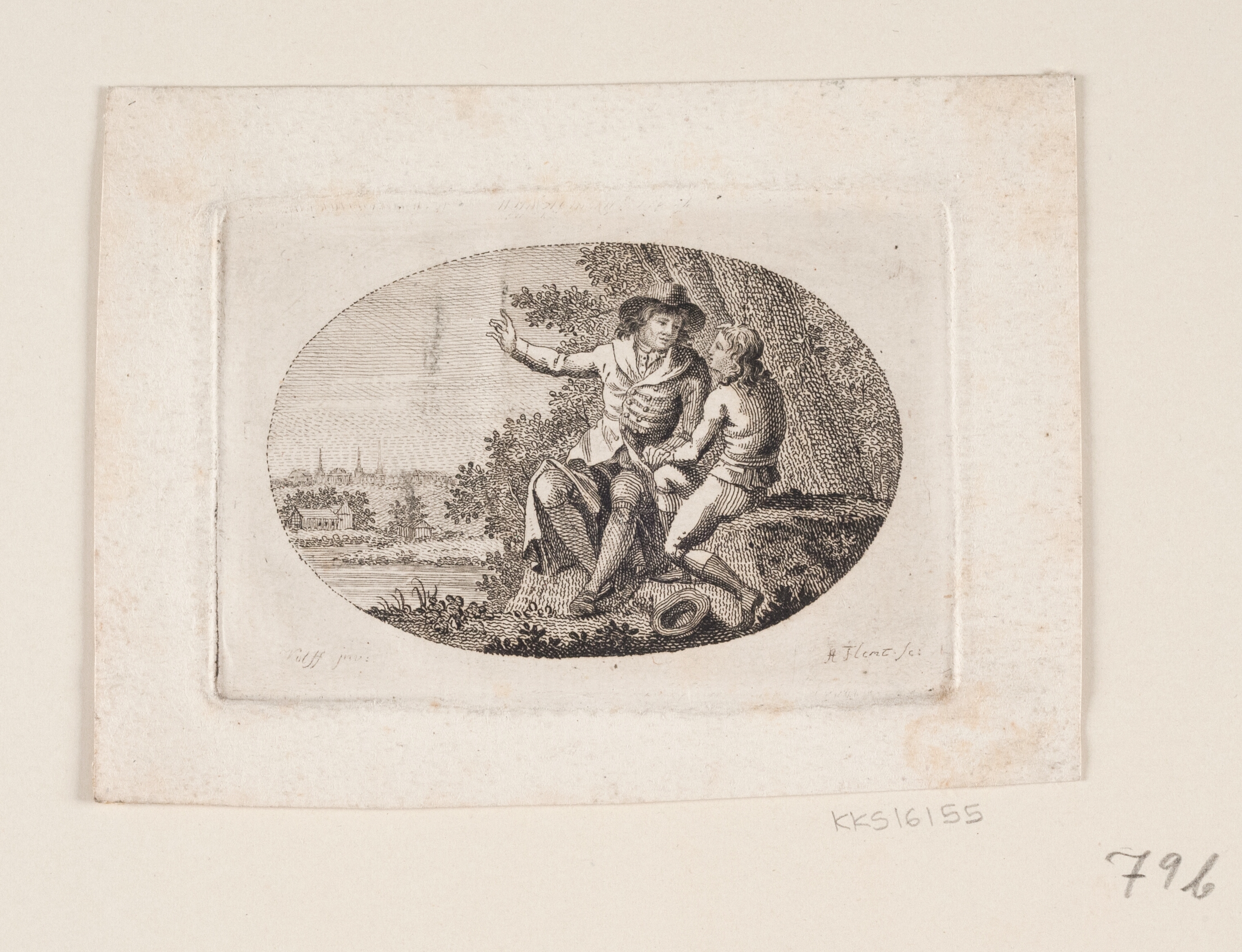 Vignet med en ældre mand, der sidder i selskab med yngre, hvem han viser landskabet bag dem