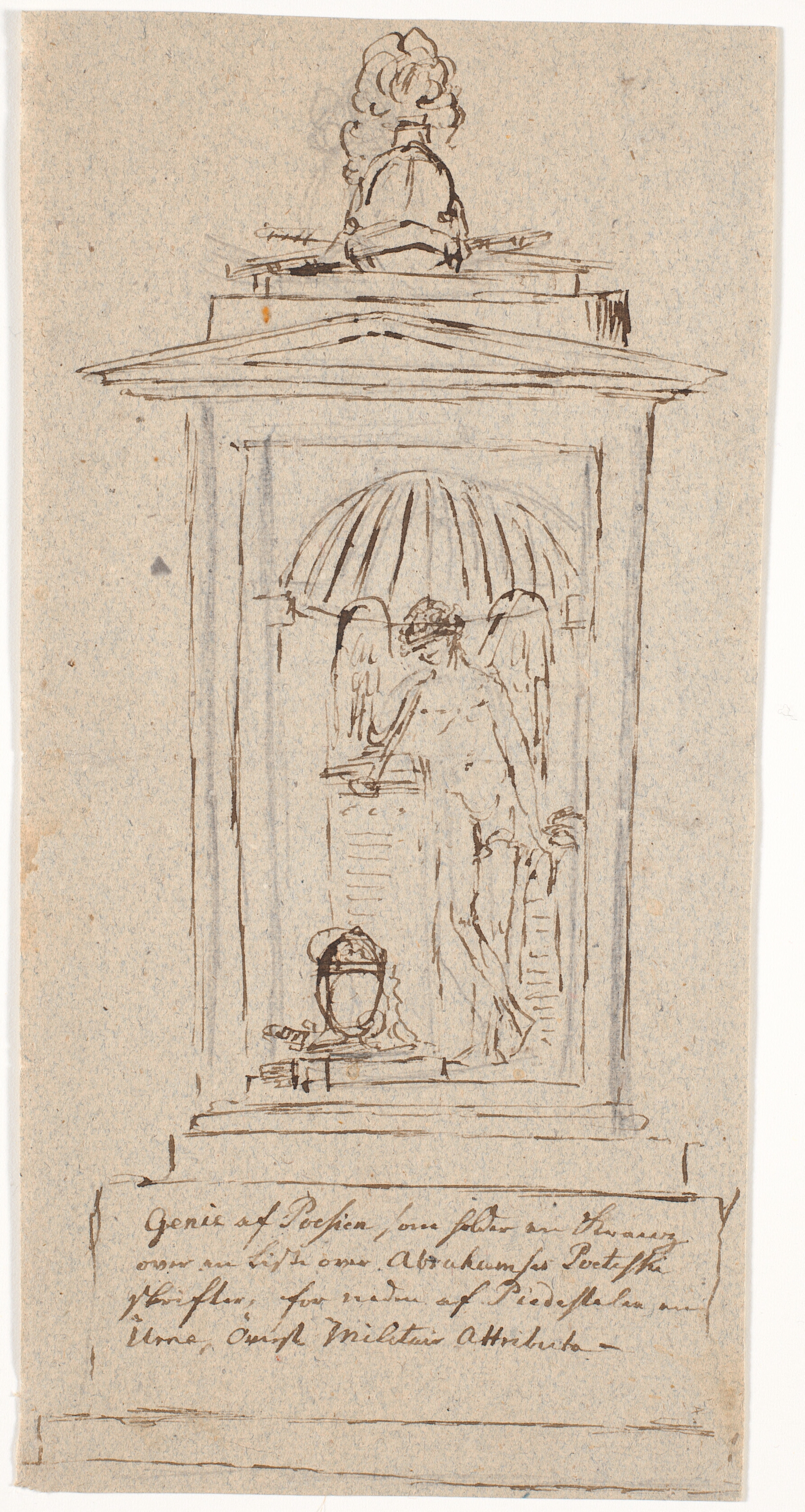 Skitse af monument med Poesiens Genius. Øverst på monumentet en hjelm