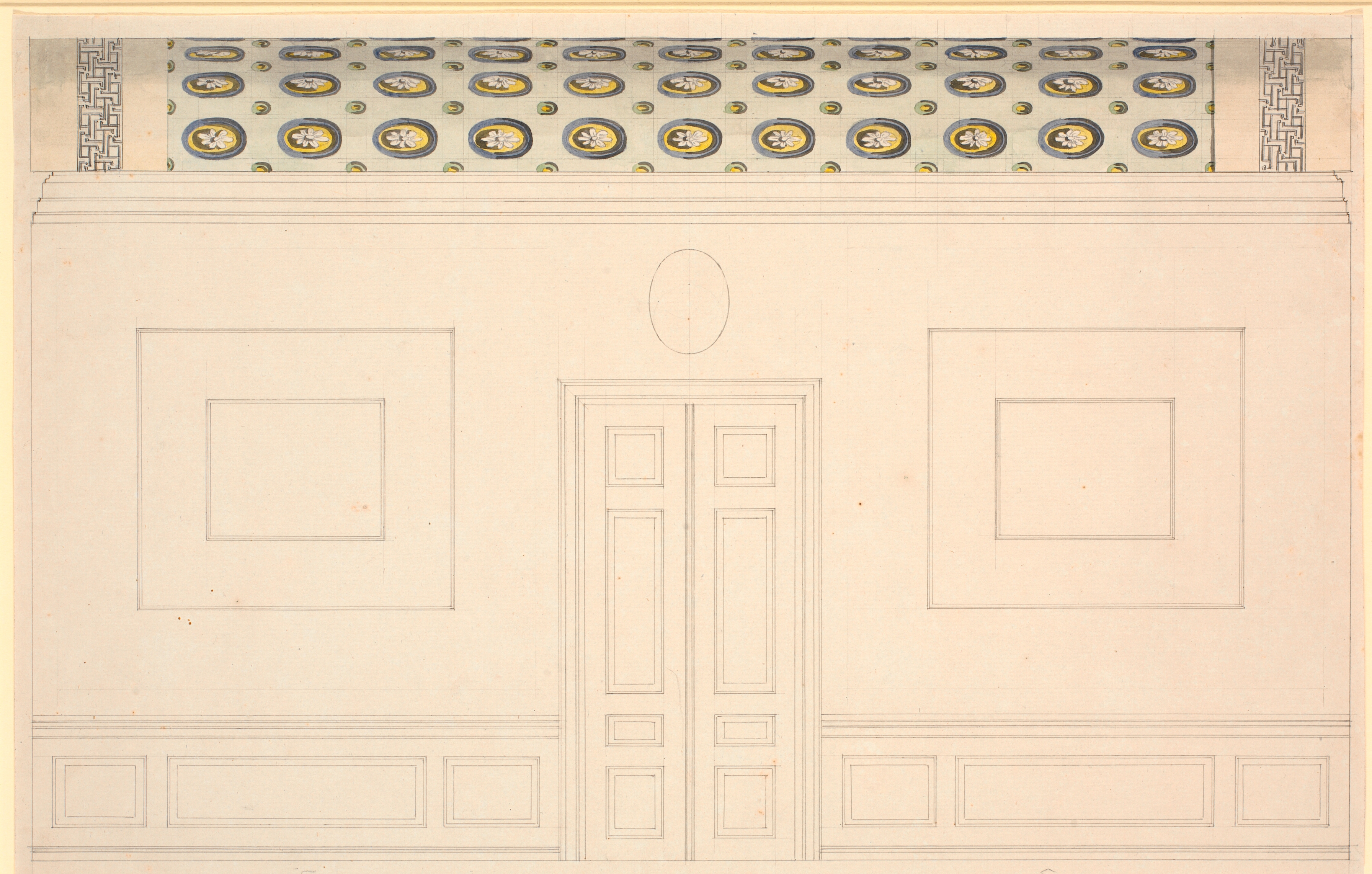 Langvæg med en dør. Dekoration af et værelse med tøndehvælving