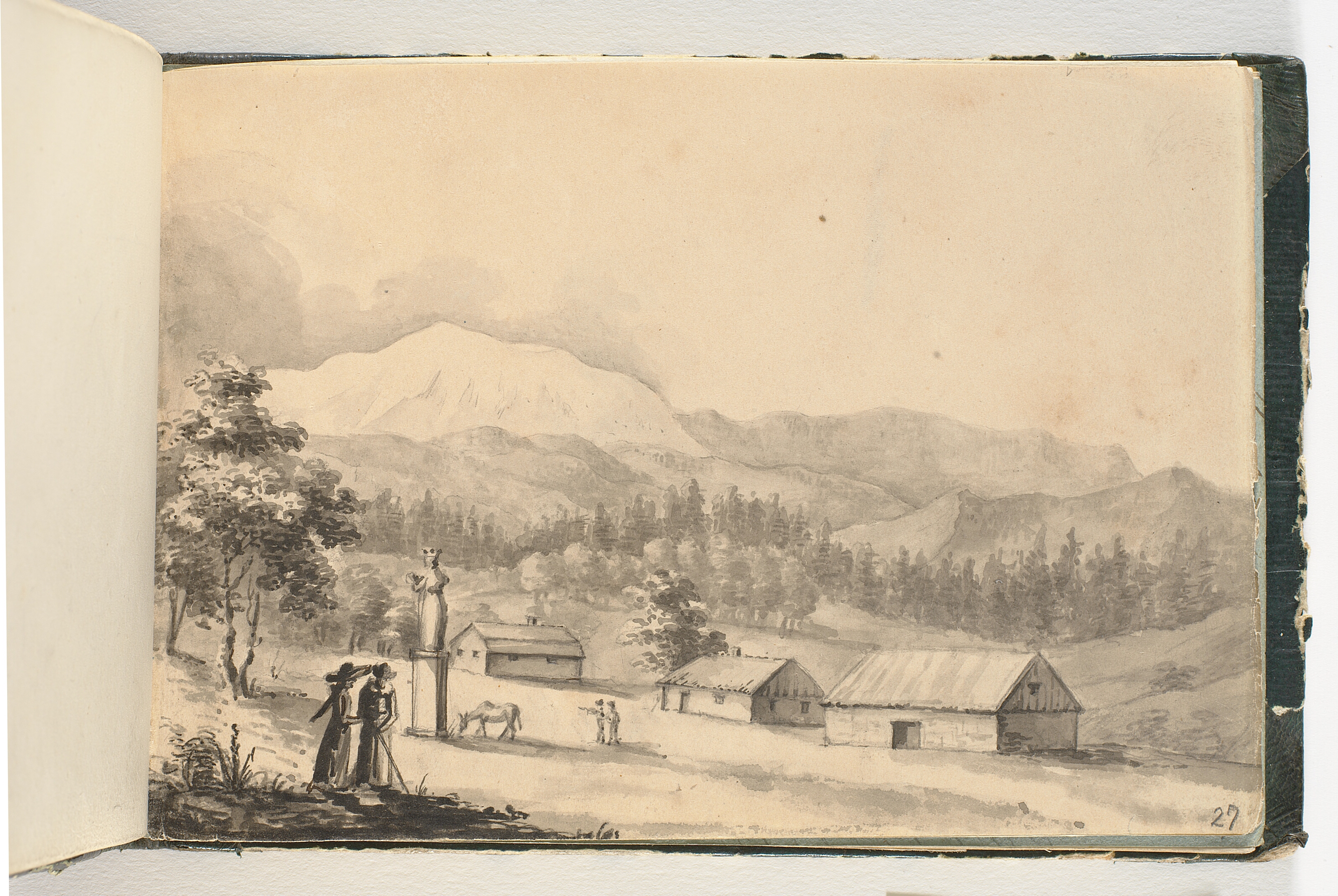 Bjerglandskab med mennesker og huse