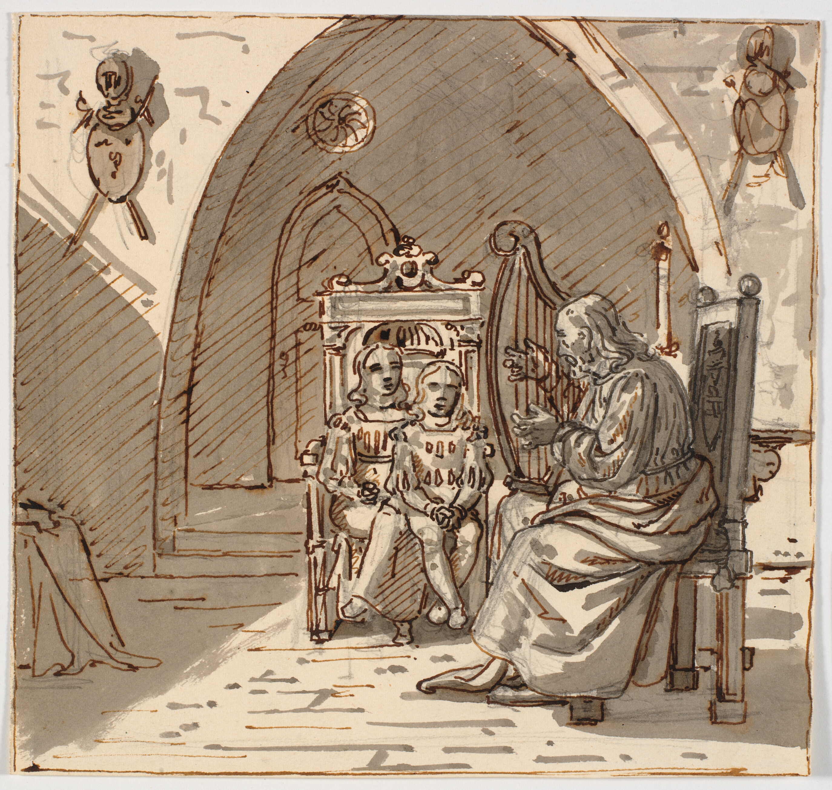 "Gotisk" scene. En skjald spiller harpe for to børn i en tronstol