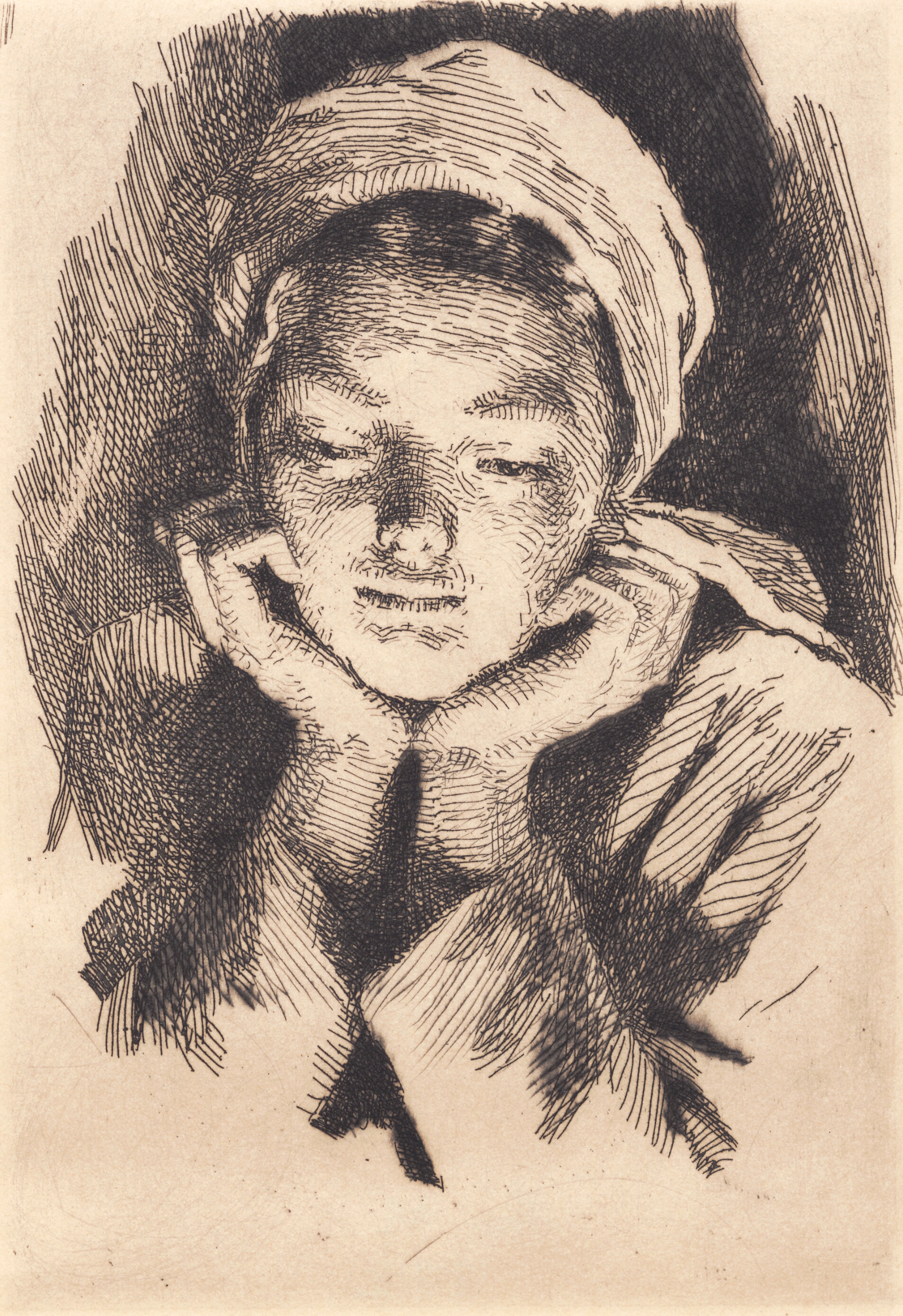 Ung kvinde med hue, en face, støttende hovedet i hænderne. Brystbillede