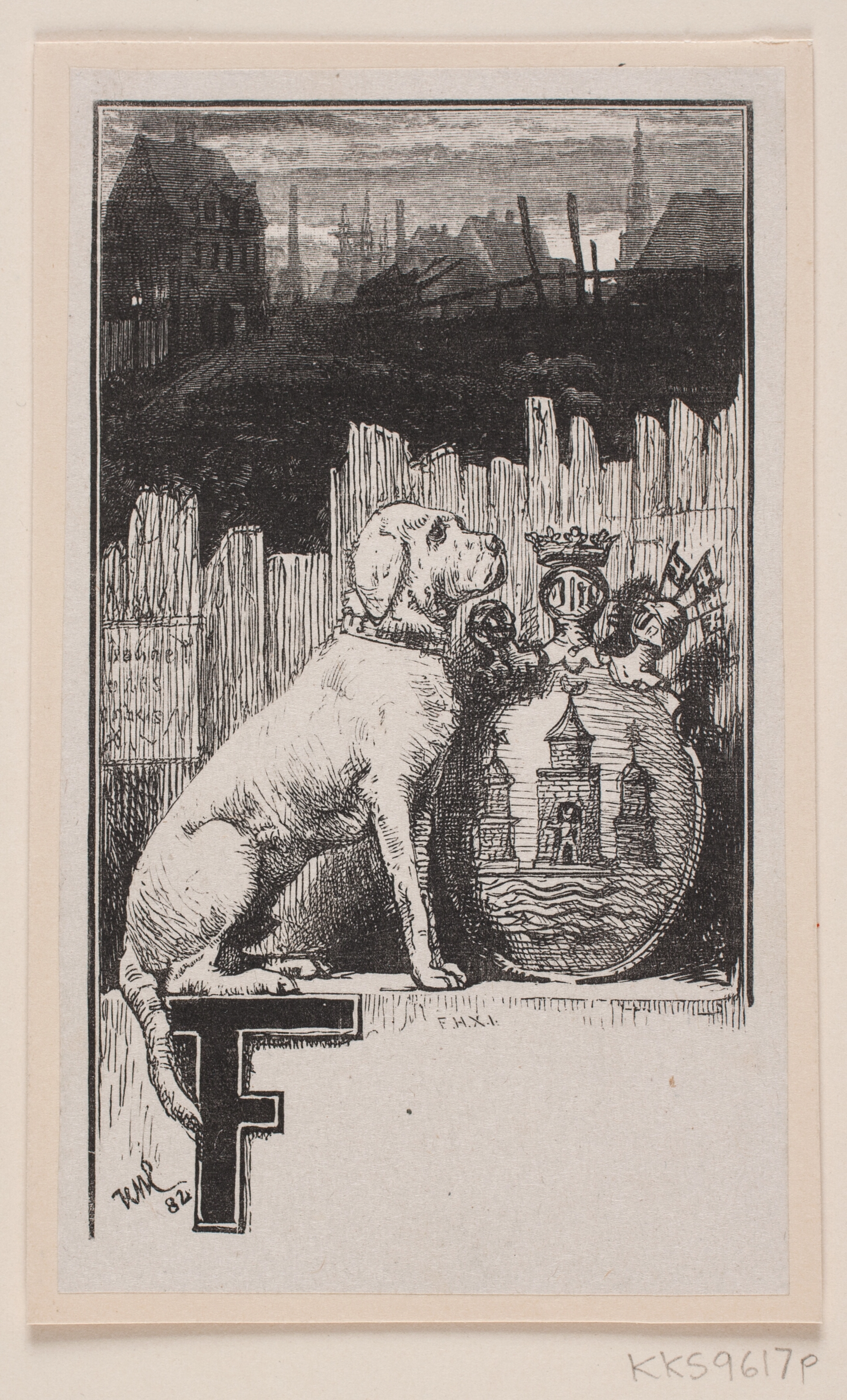 Initialvignet."F" med en hund og Københavns våben