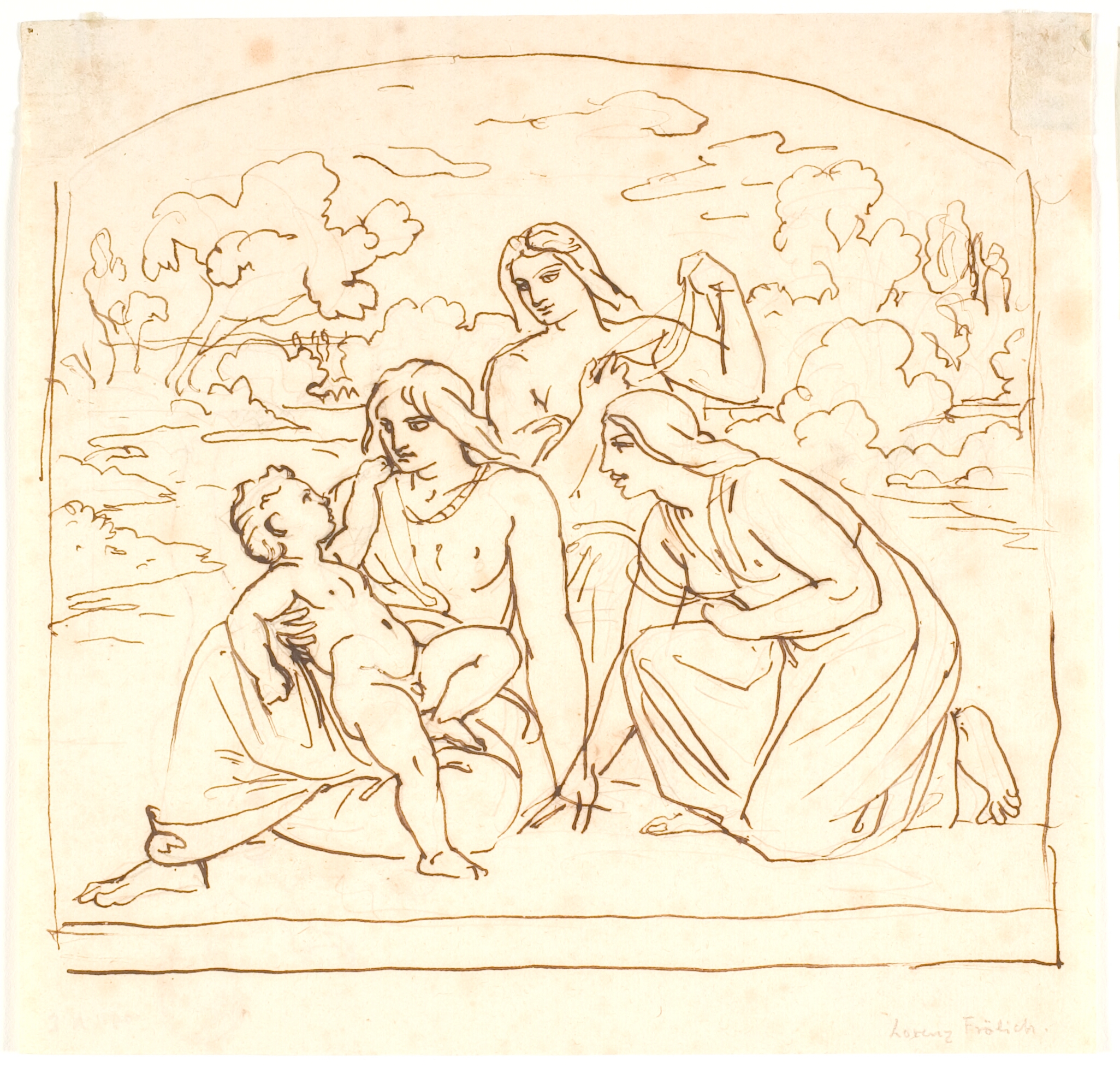 Tre kvinder med et barn. (Moses findes af Faraos datter?)