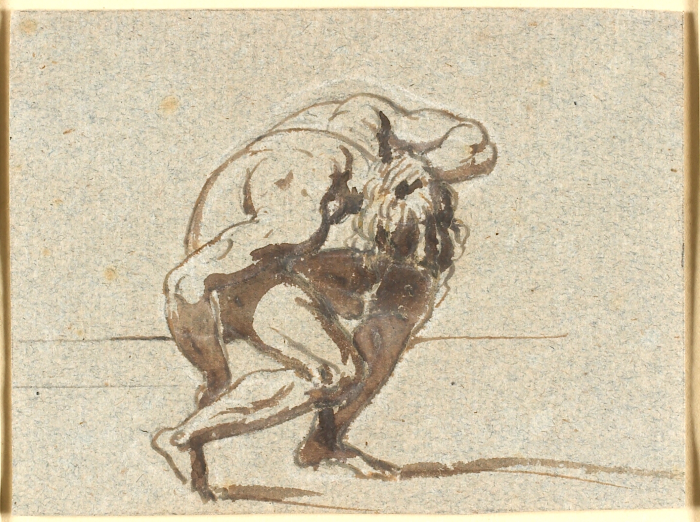 Sammenbøjet figur med venstre hånd i nakken