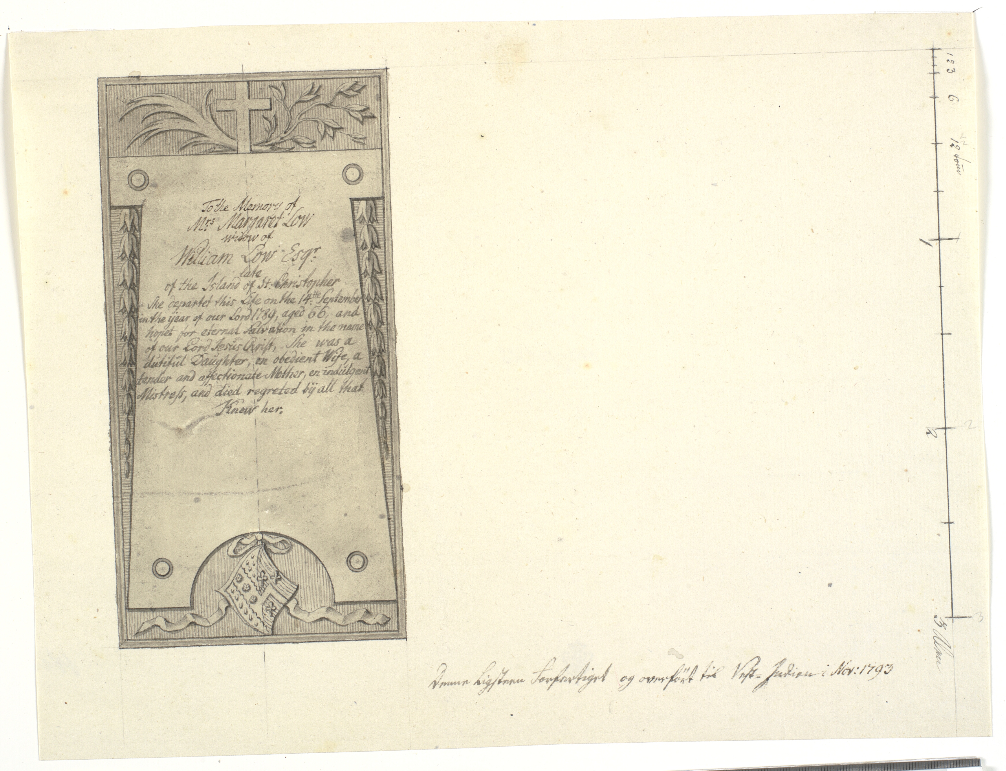 Udkast til ligsten med inskription for Mrs. Margaret Low. 1793.